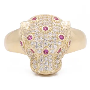 14K Yellow Gold Fashion Panther Ring with Pink Color Stone and Cubic Zirconias