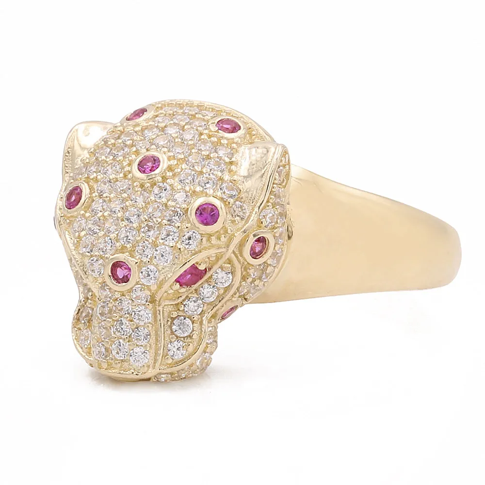 14K Yellow Gold Fashion Panther Ring with Pink Color Stone and Cubic Zirconias