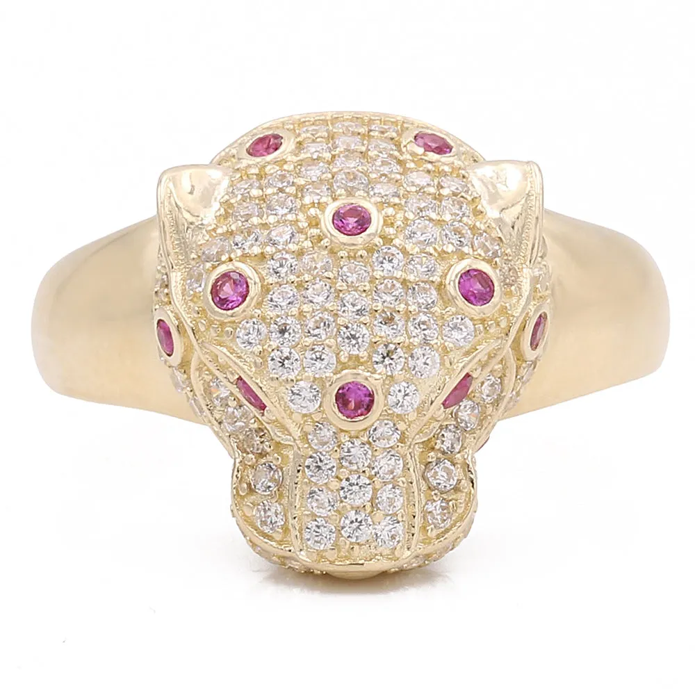 14K Yellow Gold Fashion Panther Ring with Pink Color Stone and Cubic Zirconias