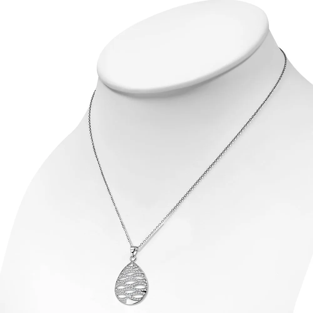925 Sterling Silver Clear CZ Teardrop Ornament Large Statement Pendant Necklace