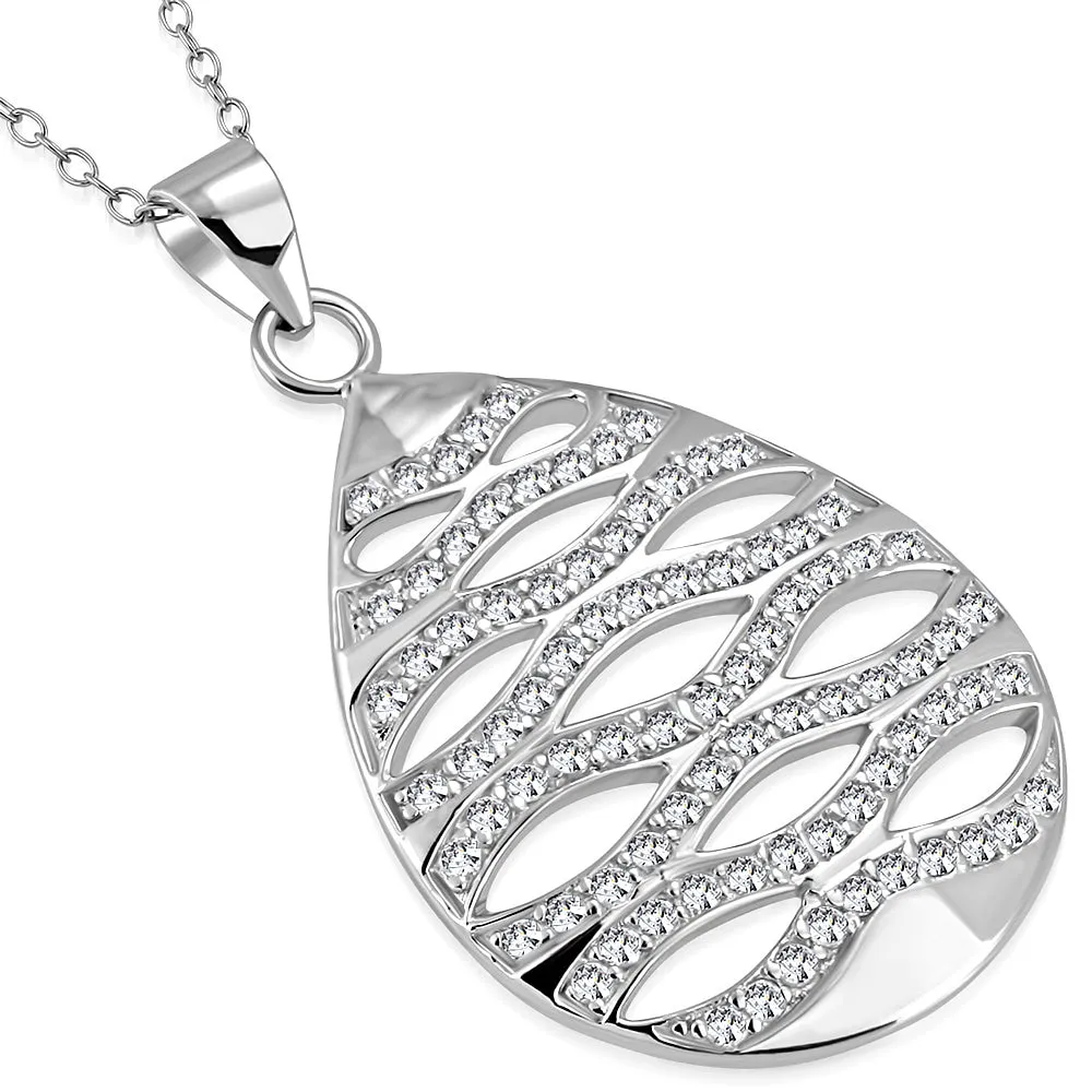 925 Sterling Silver Clear CZ Teardrop Ornament Large Statement Pendant Necklace