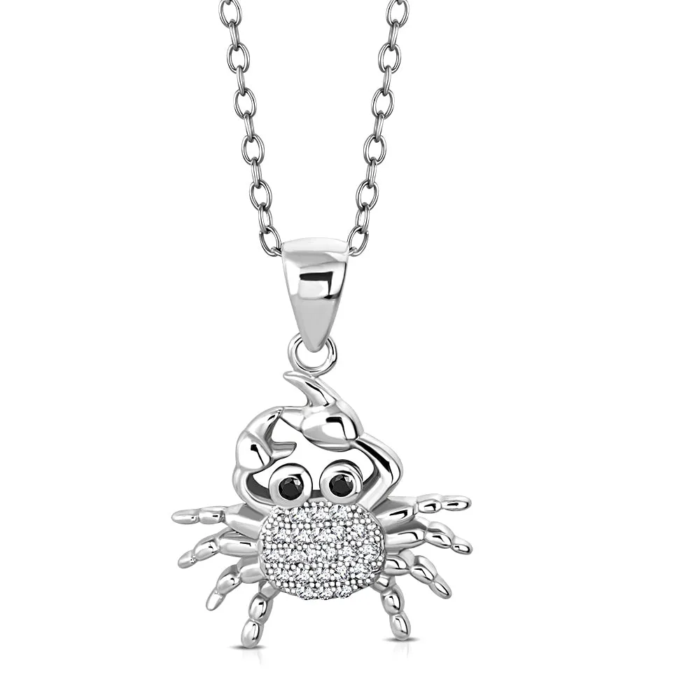 925 Sterling Silver White Clear Black CZ Crab Pendant Necklace
