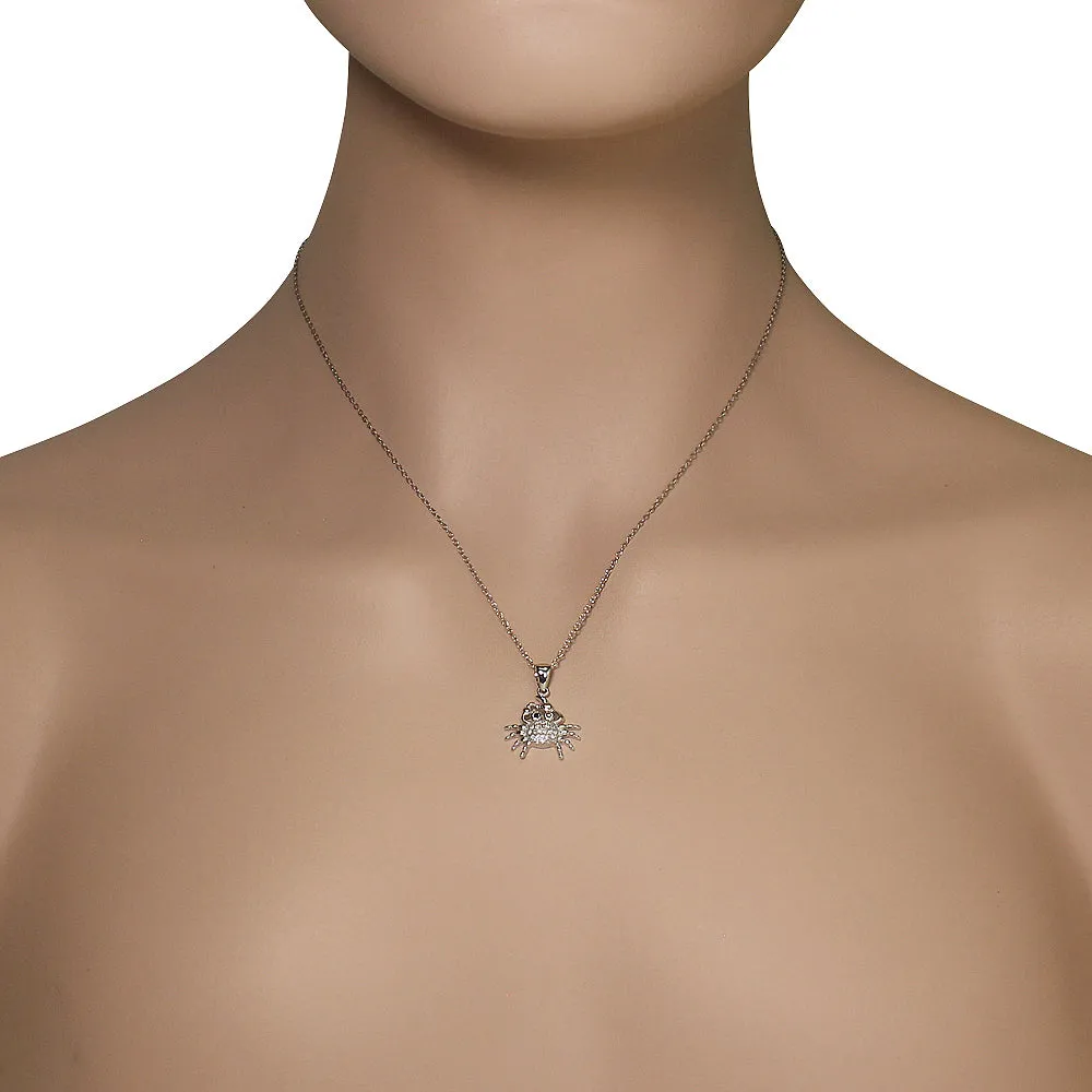 925 Sterling Silver White Clear Black CZ Crab Pendant Necklace