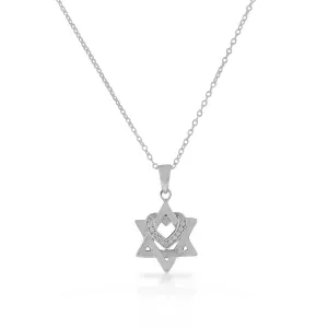 925 Sterling Silver White Clear CZ Jewish Star of David Love Heart Pendant Necklace
