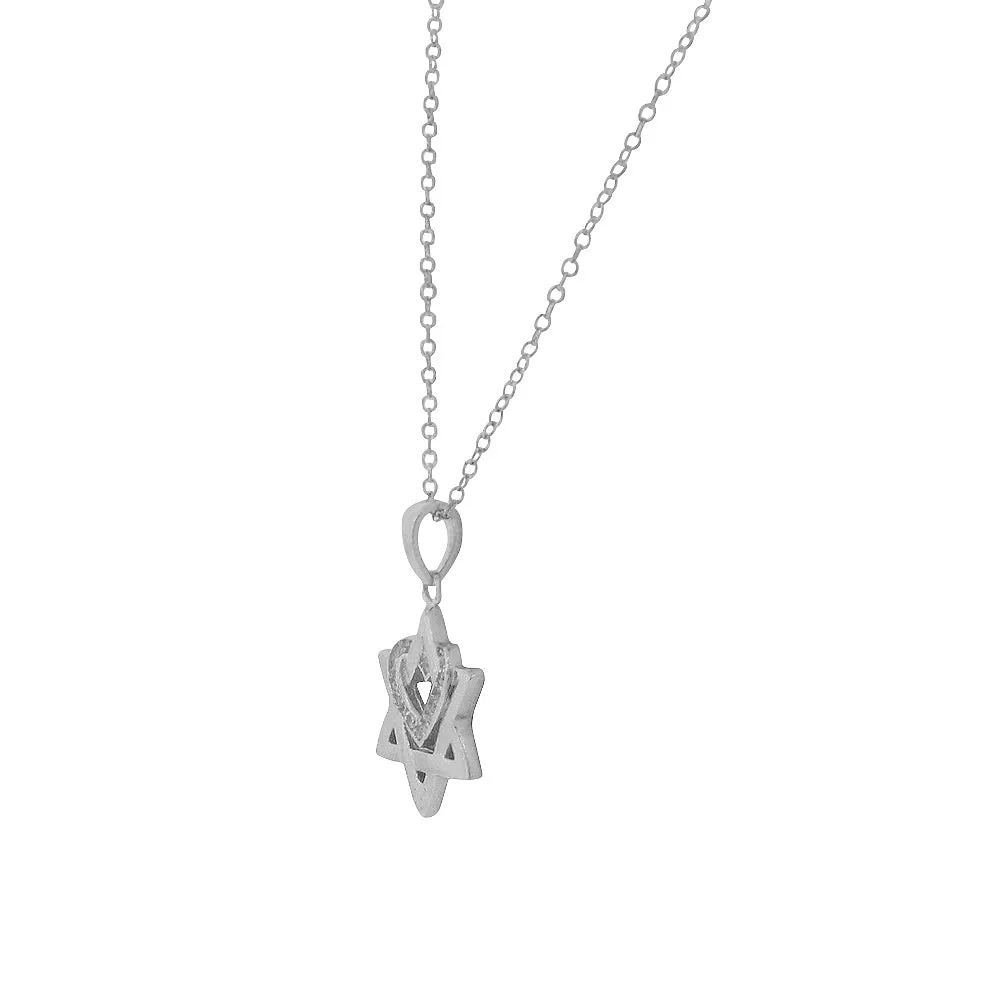 925 Sterling Silver White Clear CZ Jewish Star of David Love Heart Pendant Necklace