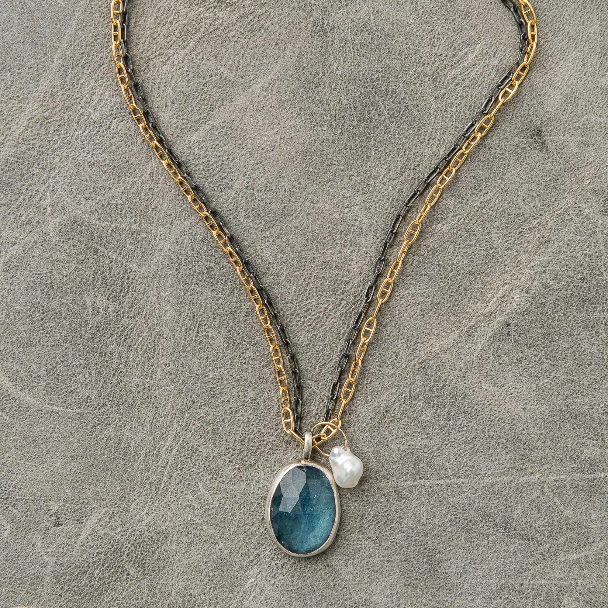 Aquamarine Necklace with Pearl on Mixed Metal Chains