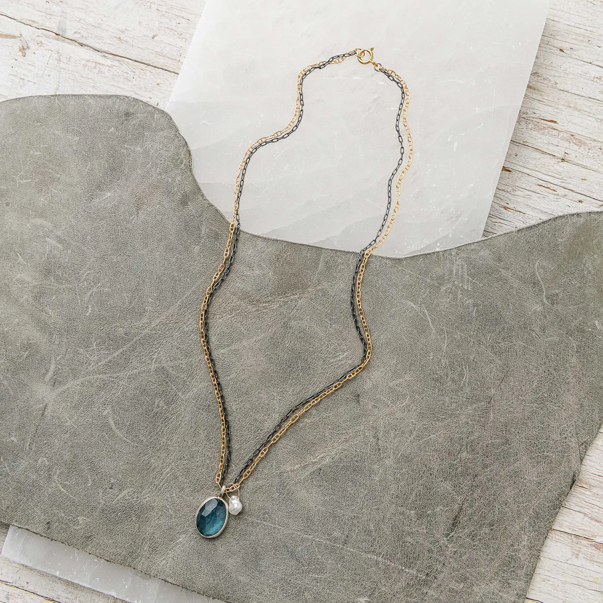 Aquamarine Necklace with Pearl on Mixed Metal Chains