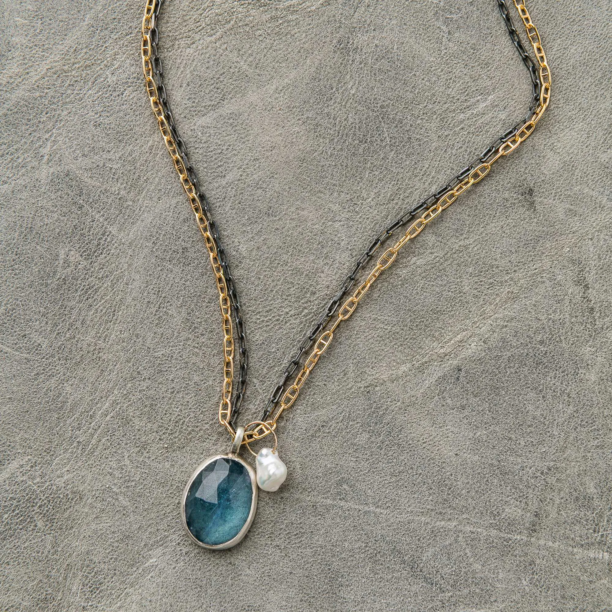 Aquamarine Necklace with Pearl on Mixed Metal Chains