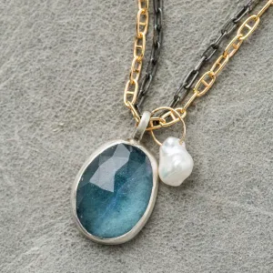 Aquamarine Necklace with Pearl on Mixed Metal Chains