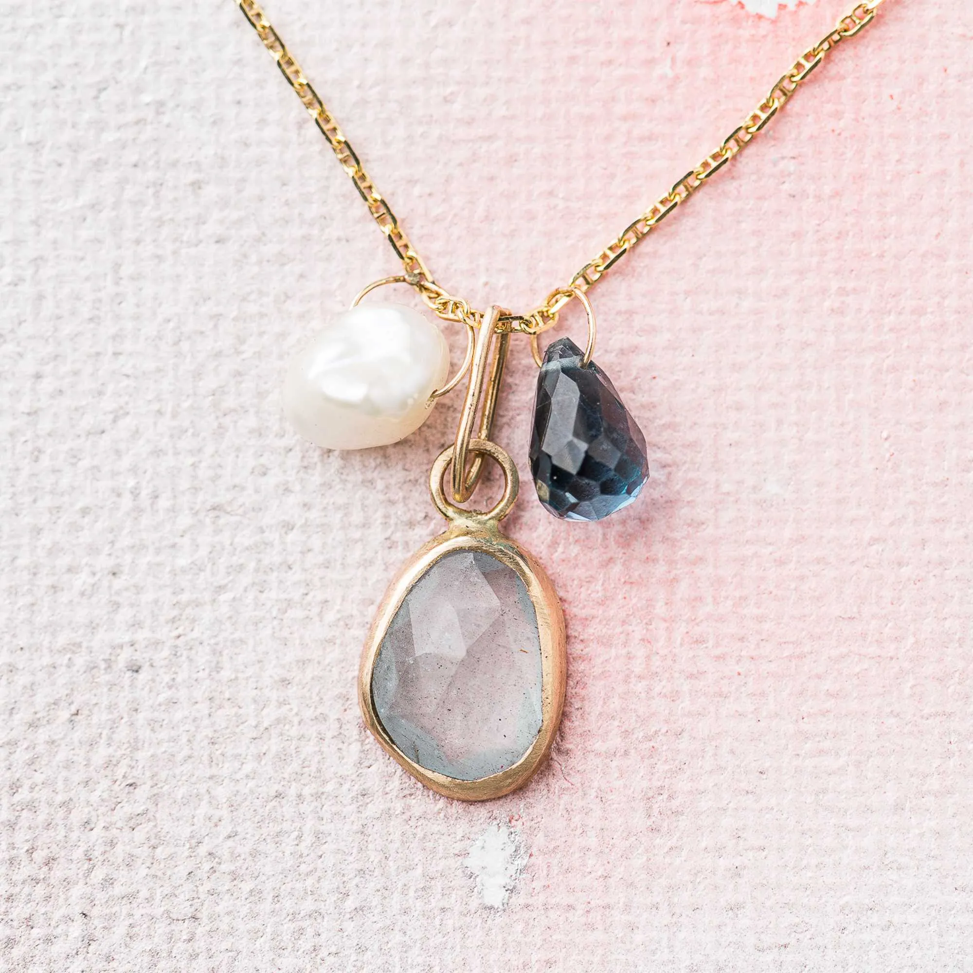 Aquamarine Necklace with Topaz, Sapphire and Pearl Charms