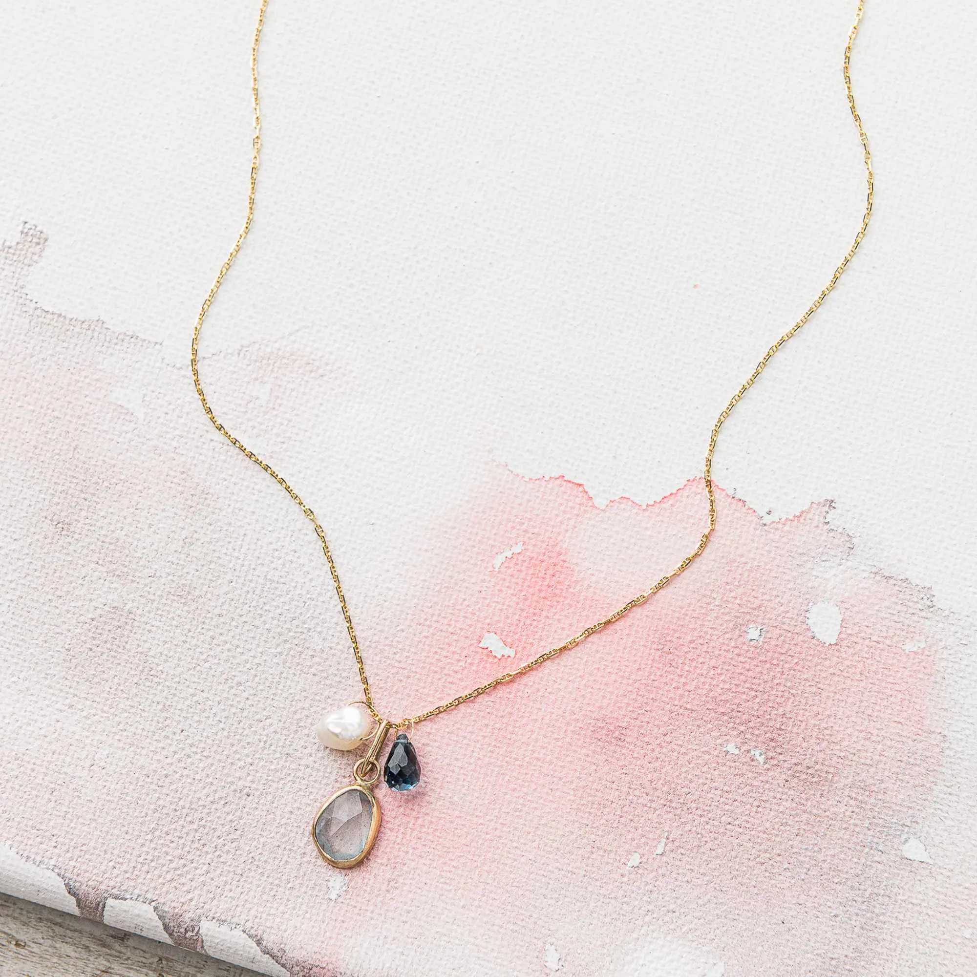 Aquamarine Necklace with Topaz, Sapphire and Pearl Charms