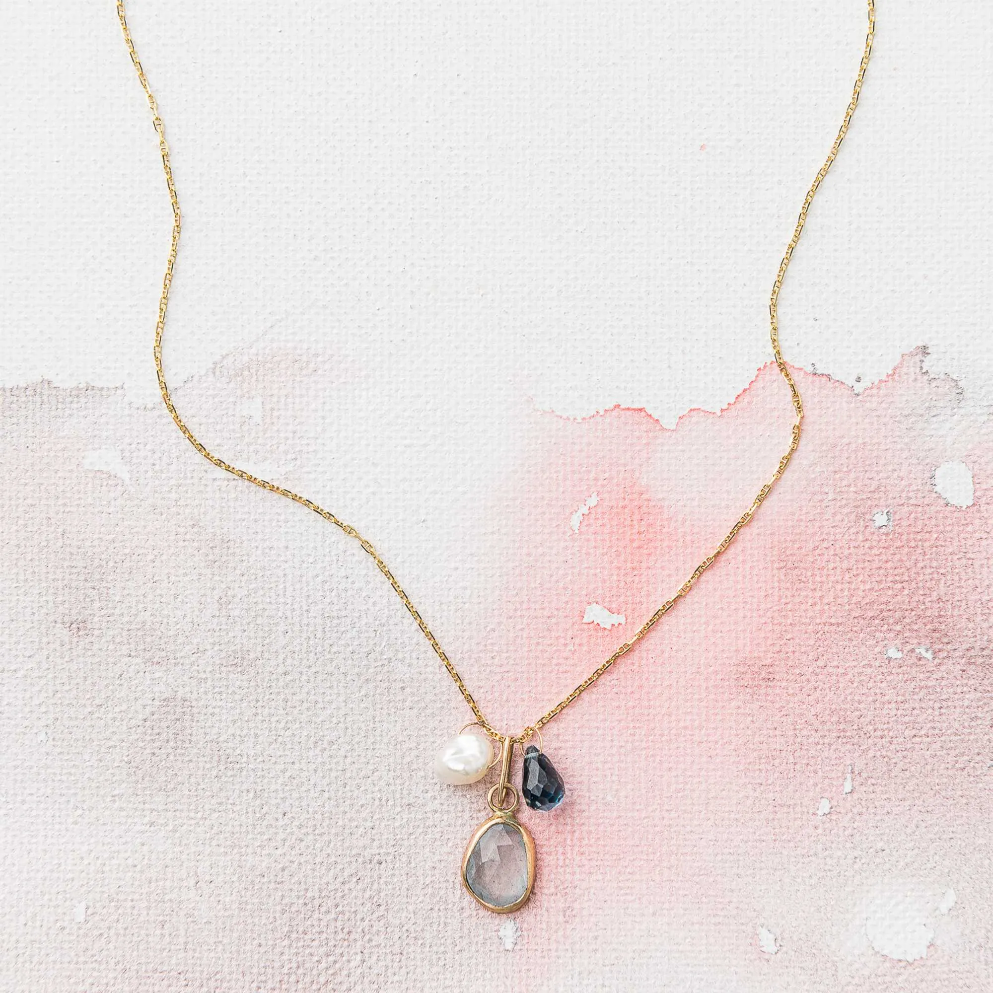 Aquamarine Necklace with Topaz, Sapphire and Pearl Charms