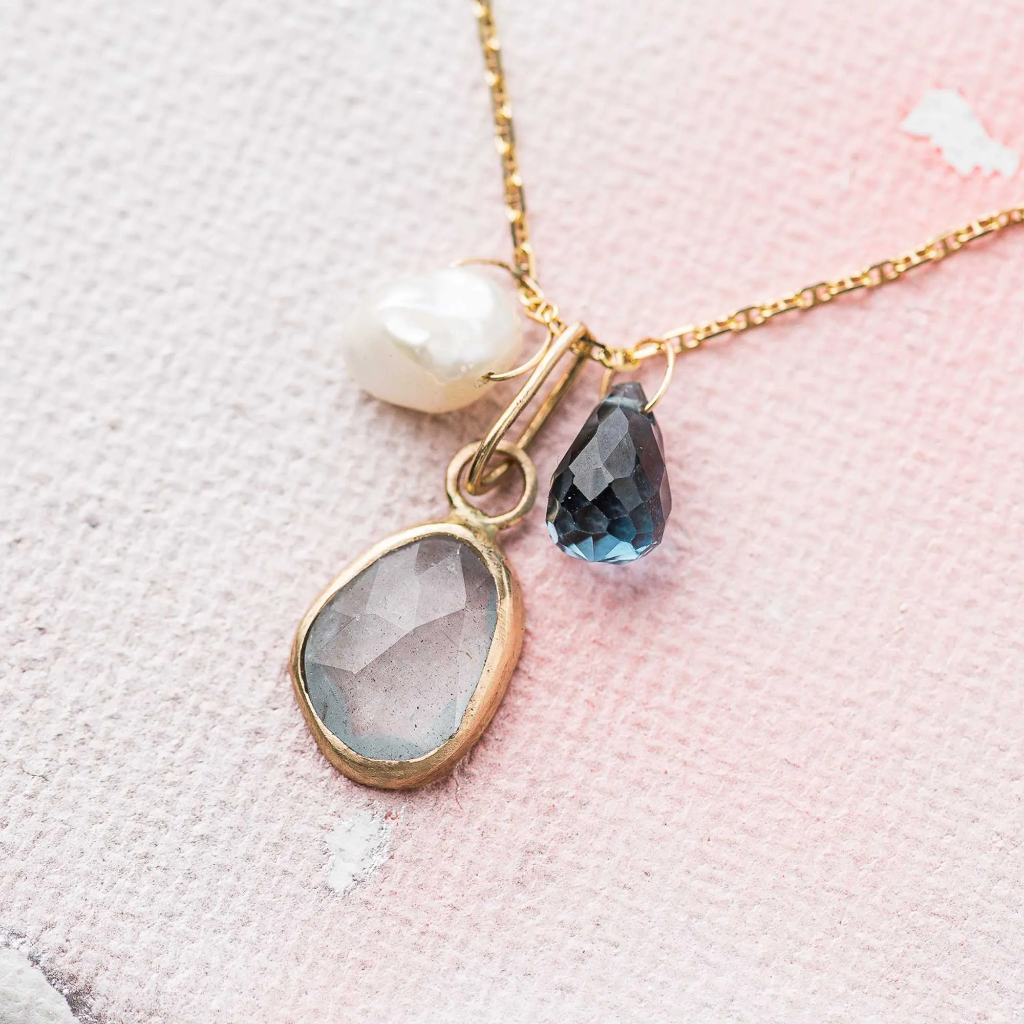 Aquamarine Necklace with Topaz, Sapphire and Pearl Charms