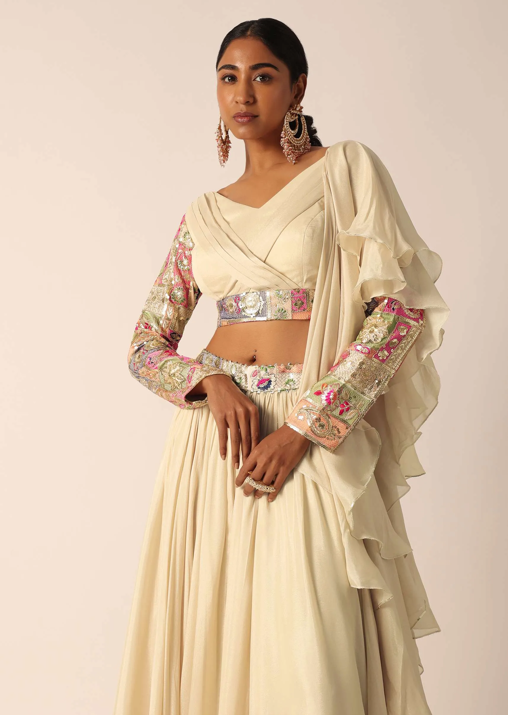 Beige Embroidered Blouse And Lehenga Set