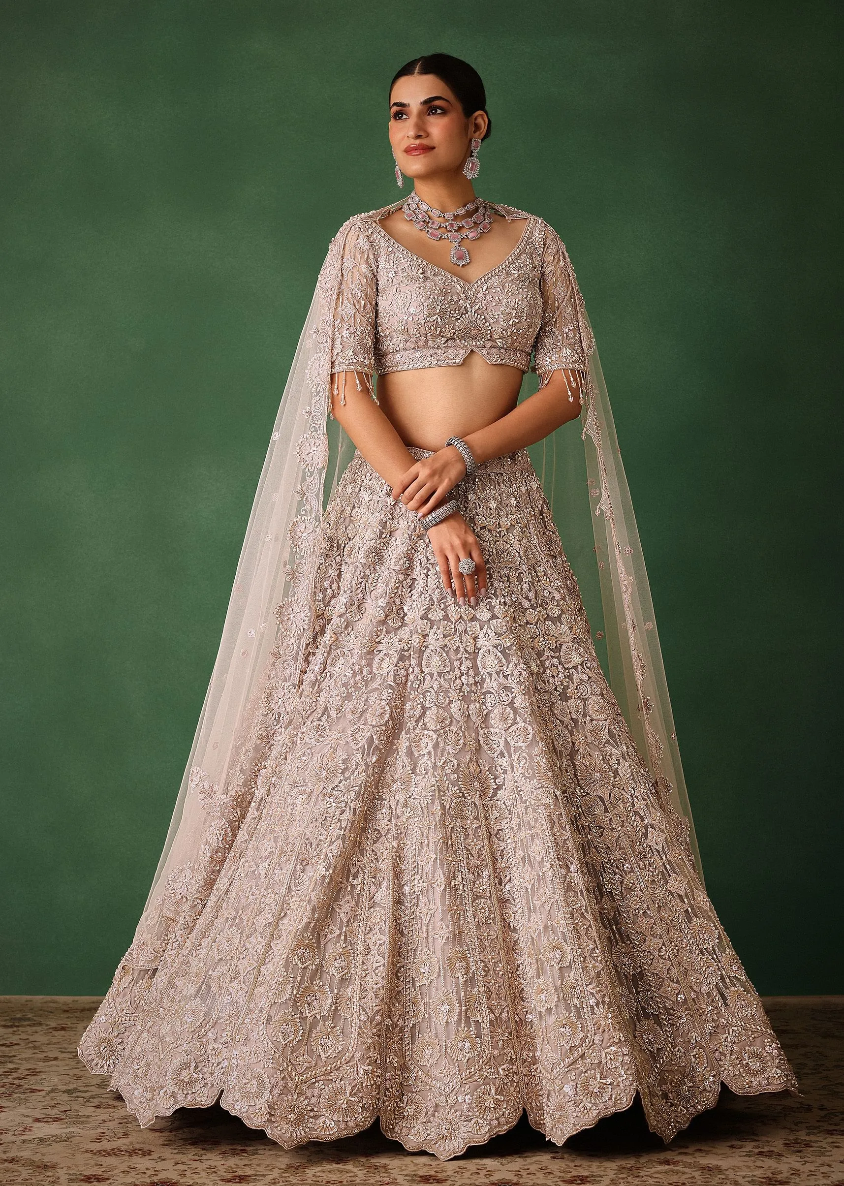 Beige Hand Embroidered Floral Lehenga With Blouse And Dupatta
