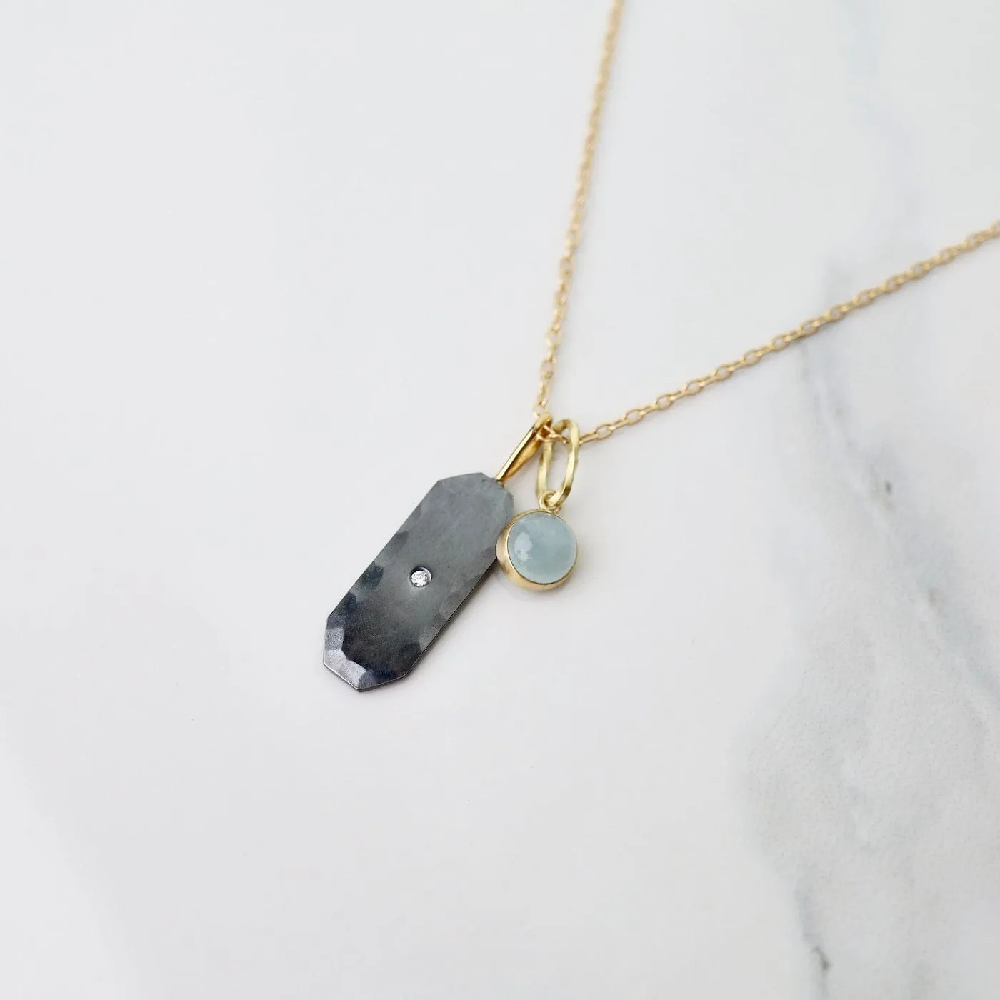 Cluster Necklace - Two Tone Long Radiant Pendant & Bezel-set Aquamarine