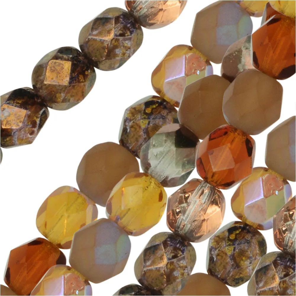 Czech Fire Polished Glass Beads, Faceted Round 6mm, Wheatberry Mix (25 Pieces)