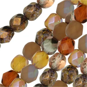 Czech Fire Polished Glass Beads, Faceted Round 6mm, Wheatberry Mix (25 Pieces)