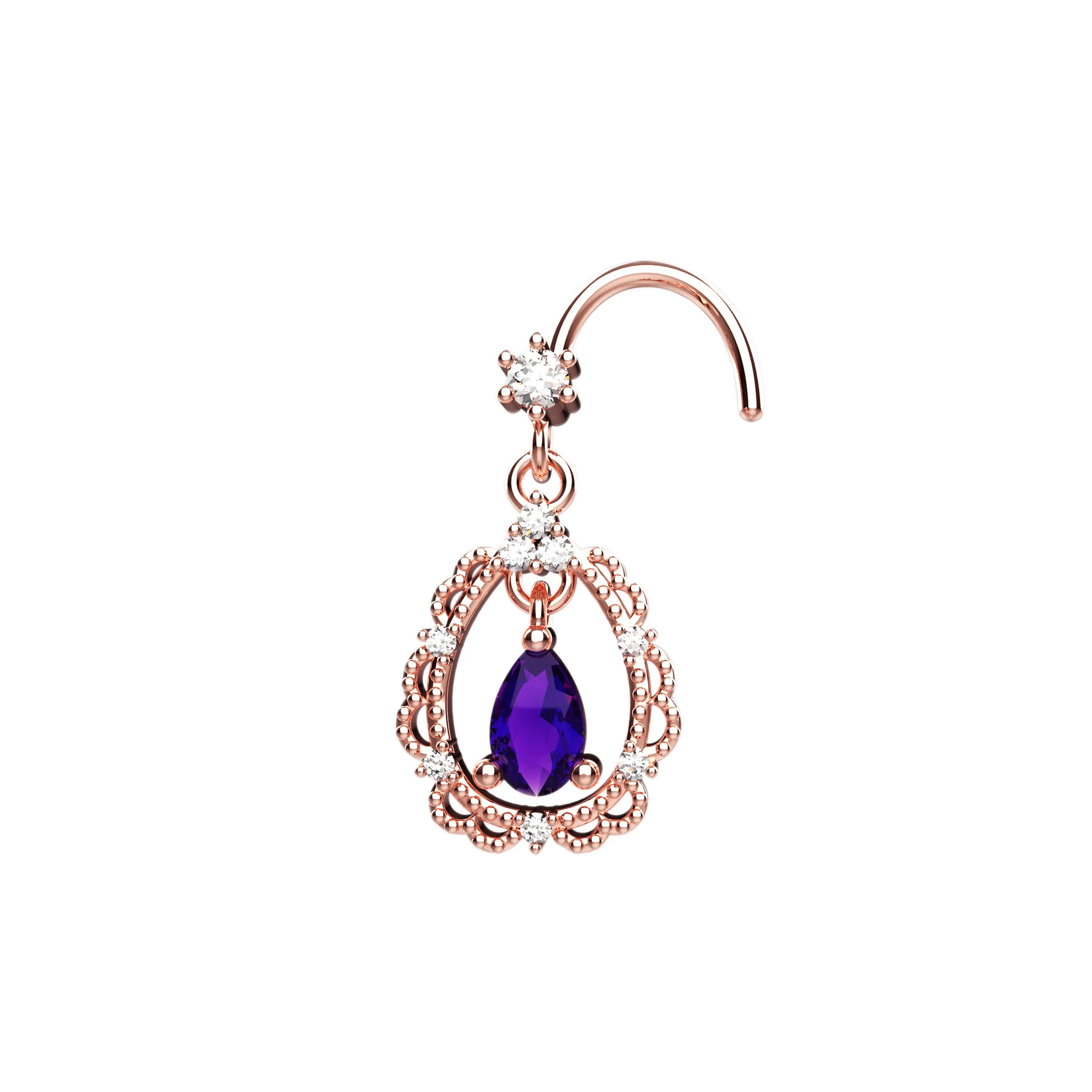Dangle Amethyst Nose Jewelry – 14K Gold Nose Piercing for Women
