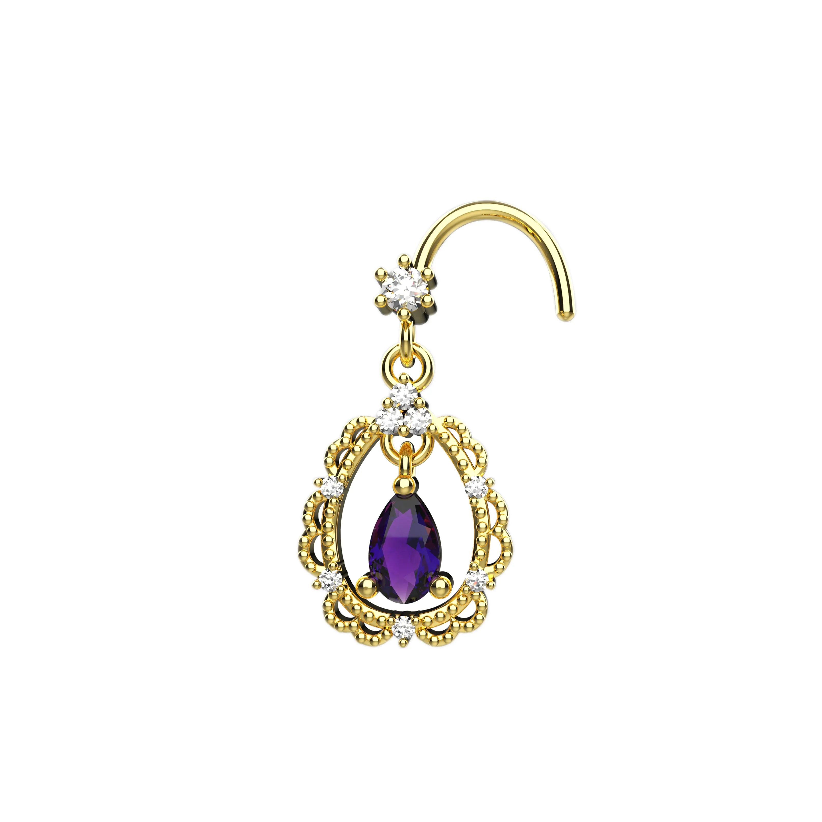 Dangle Amethyst Nose Jewelry – 14K Gold Nose Piercing for Women