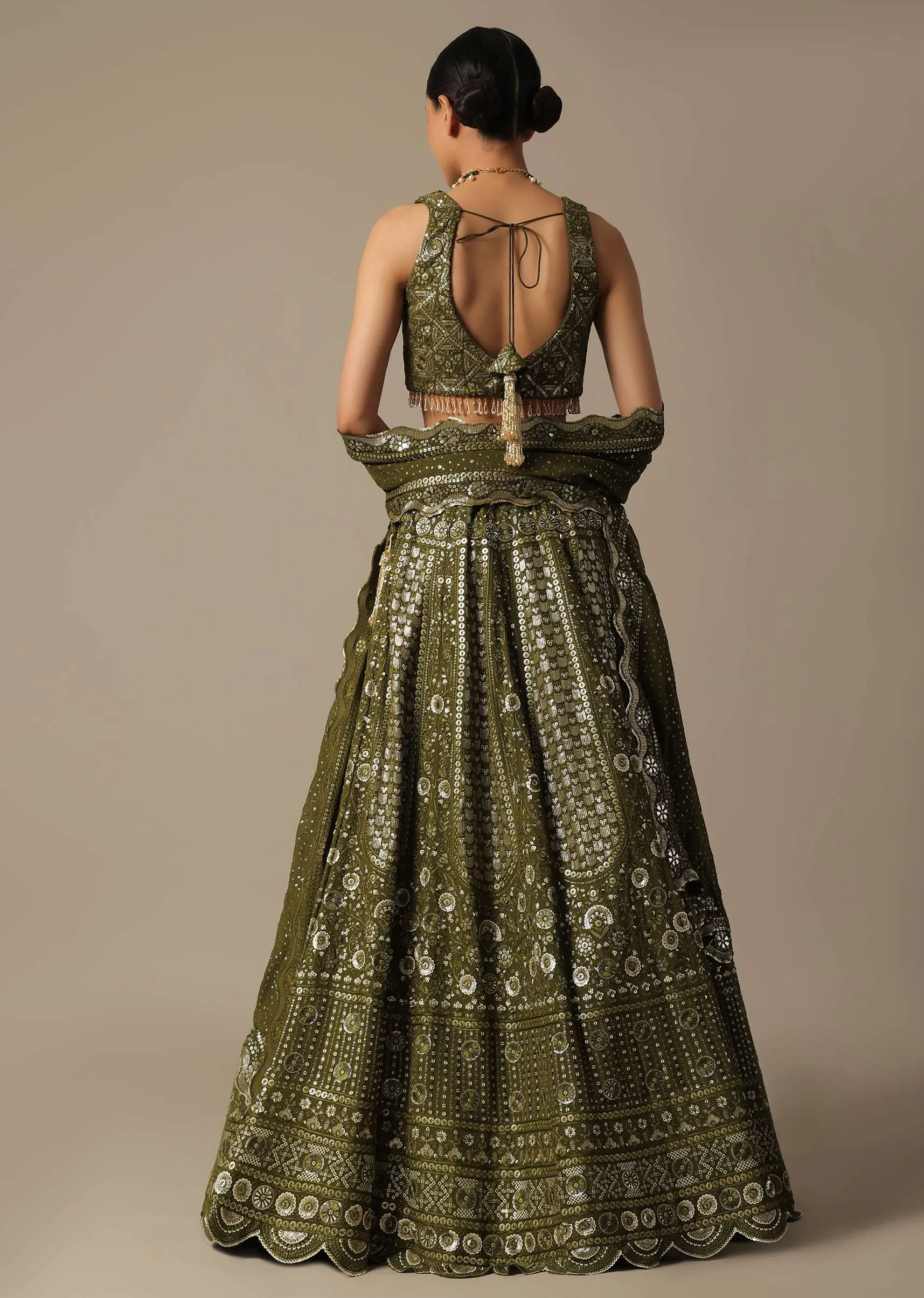 Green Georgette Lehenga Set With Foil Mirror Embroidery
