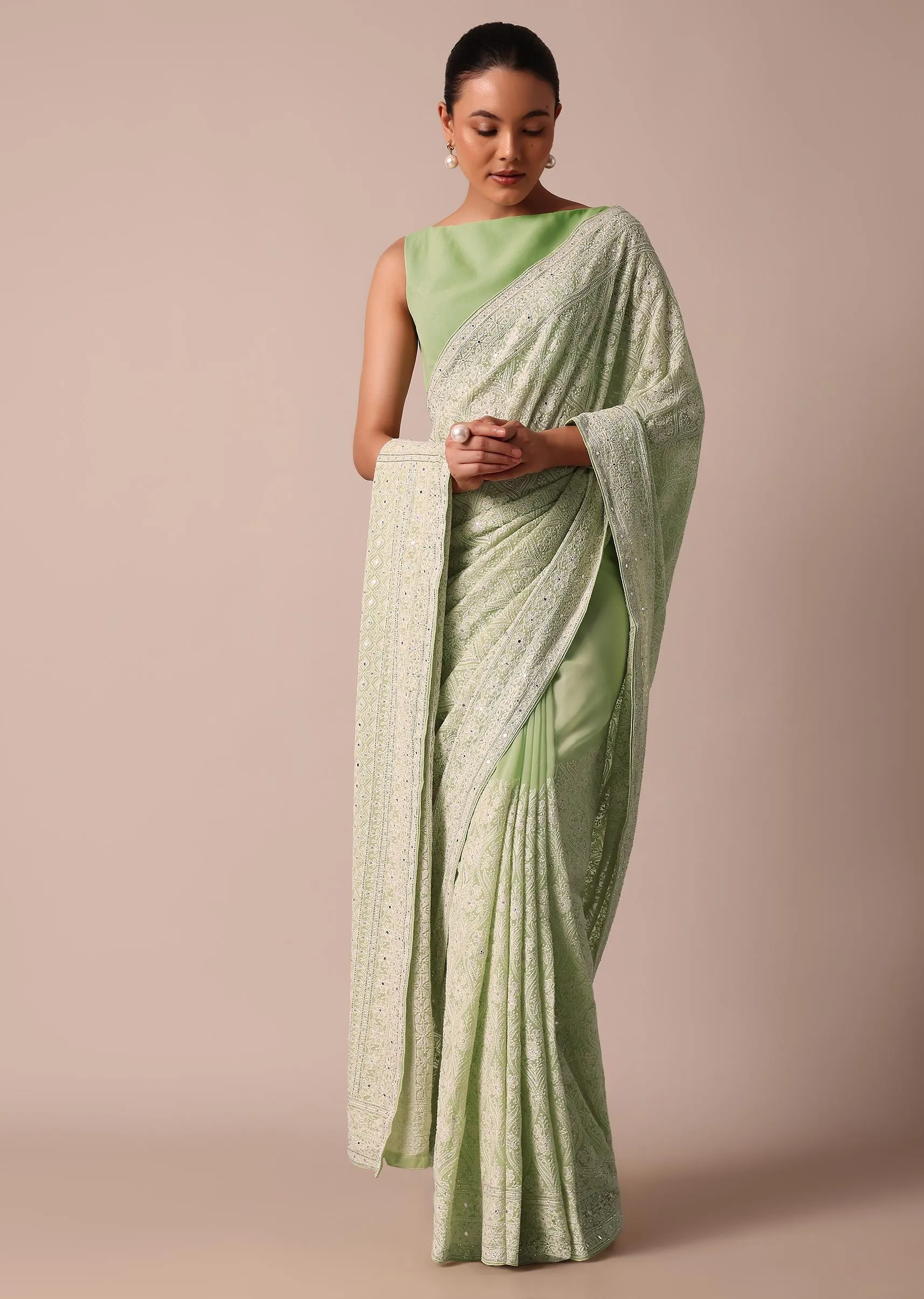 Green Lucknowi Chikankari Sequin Saree In Georgette With Unstitched Blouse Piece