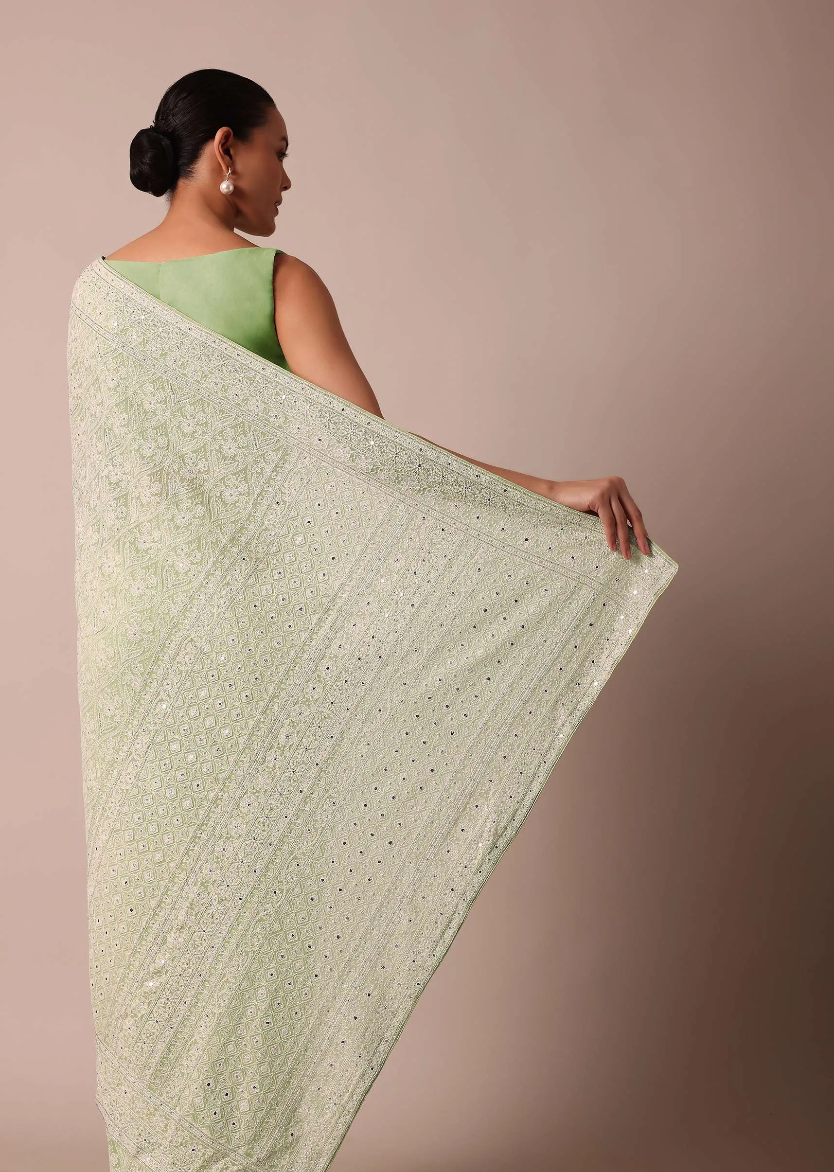 Green Lucknowi Chikankari Sequin Saree In Georgette With Unstitched Blouse Piece
