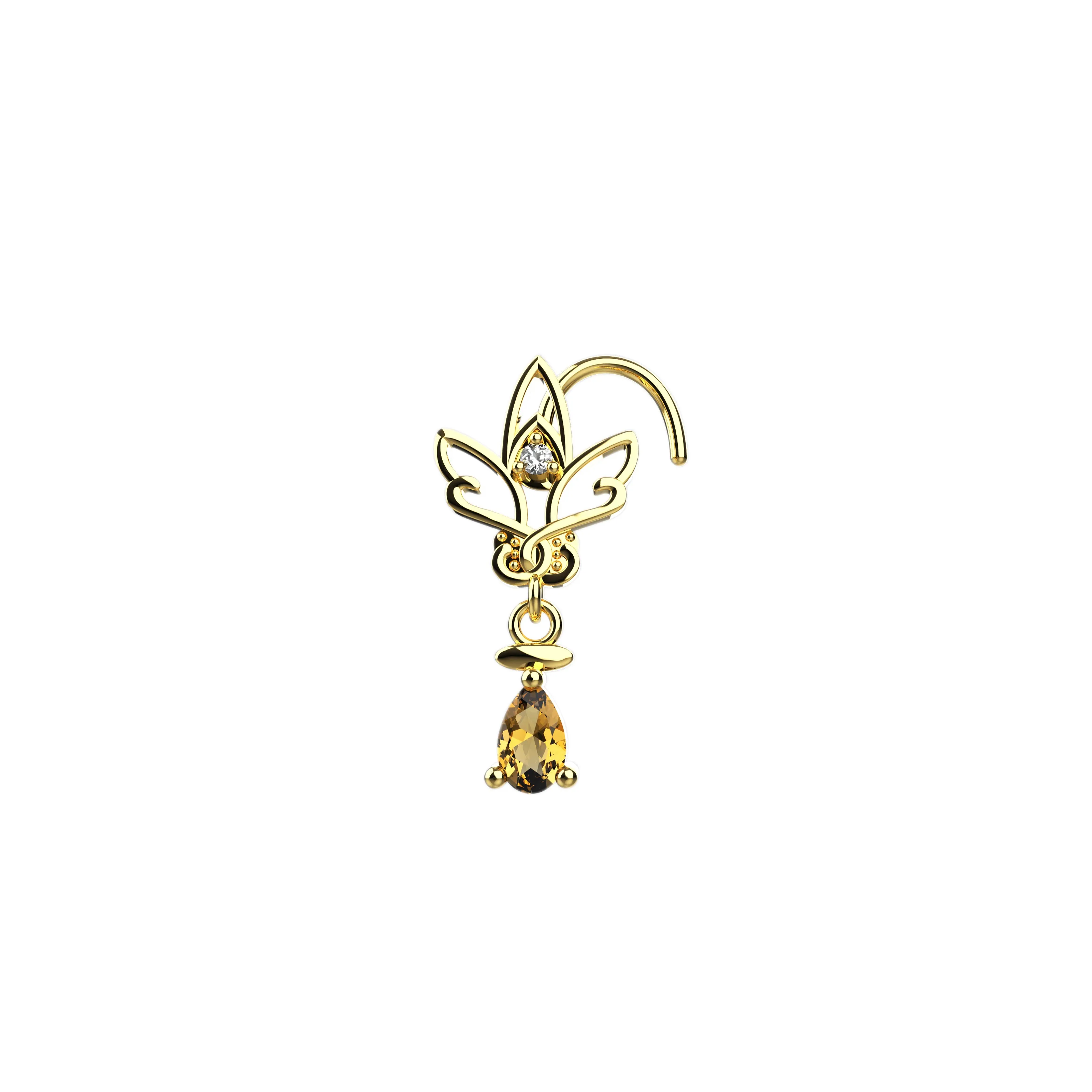 Lotus Flower Dangling Drop Champagne Nose Stud