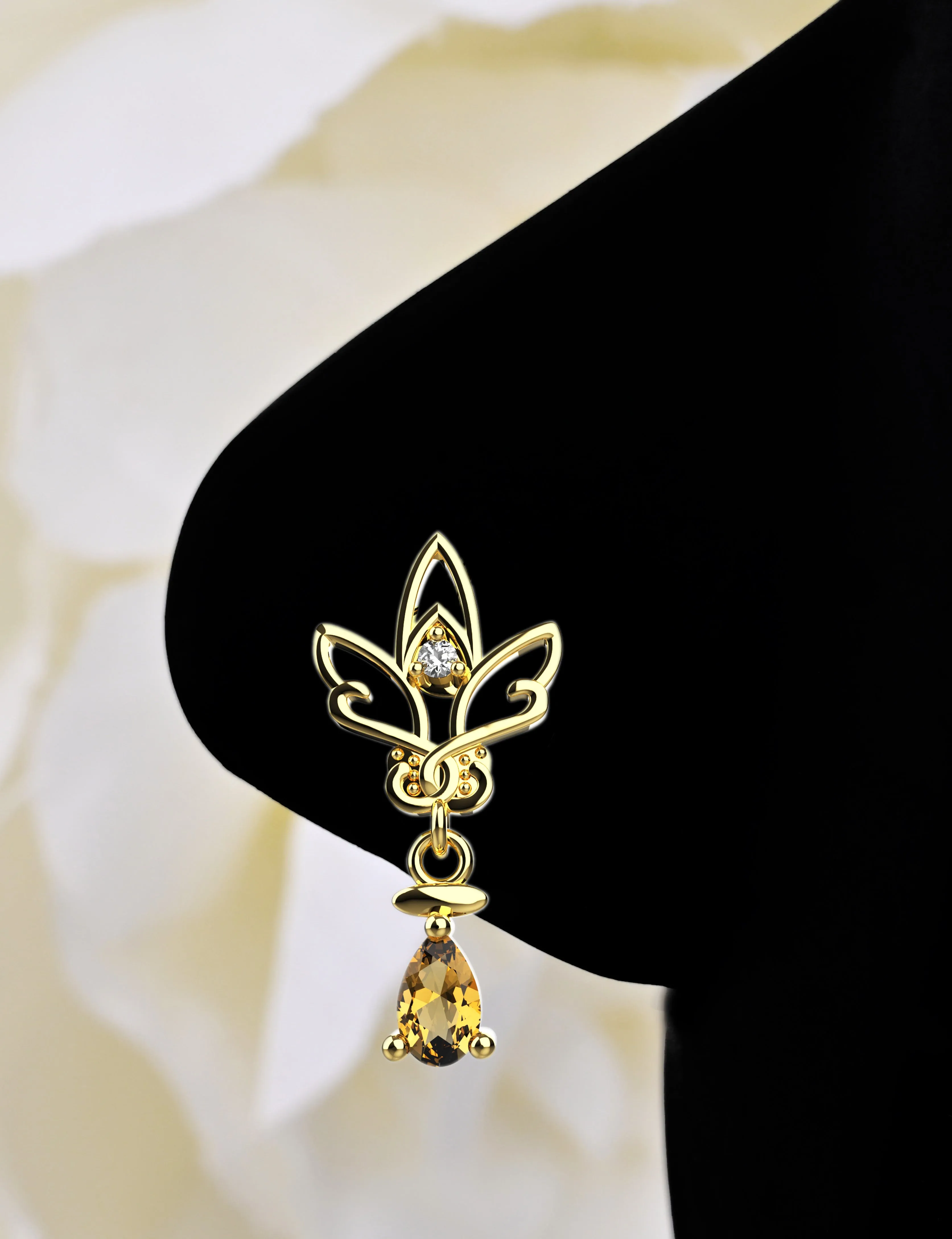 Lotus Flower Dangling Drop Champagne Nose Stud
