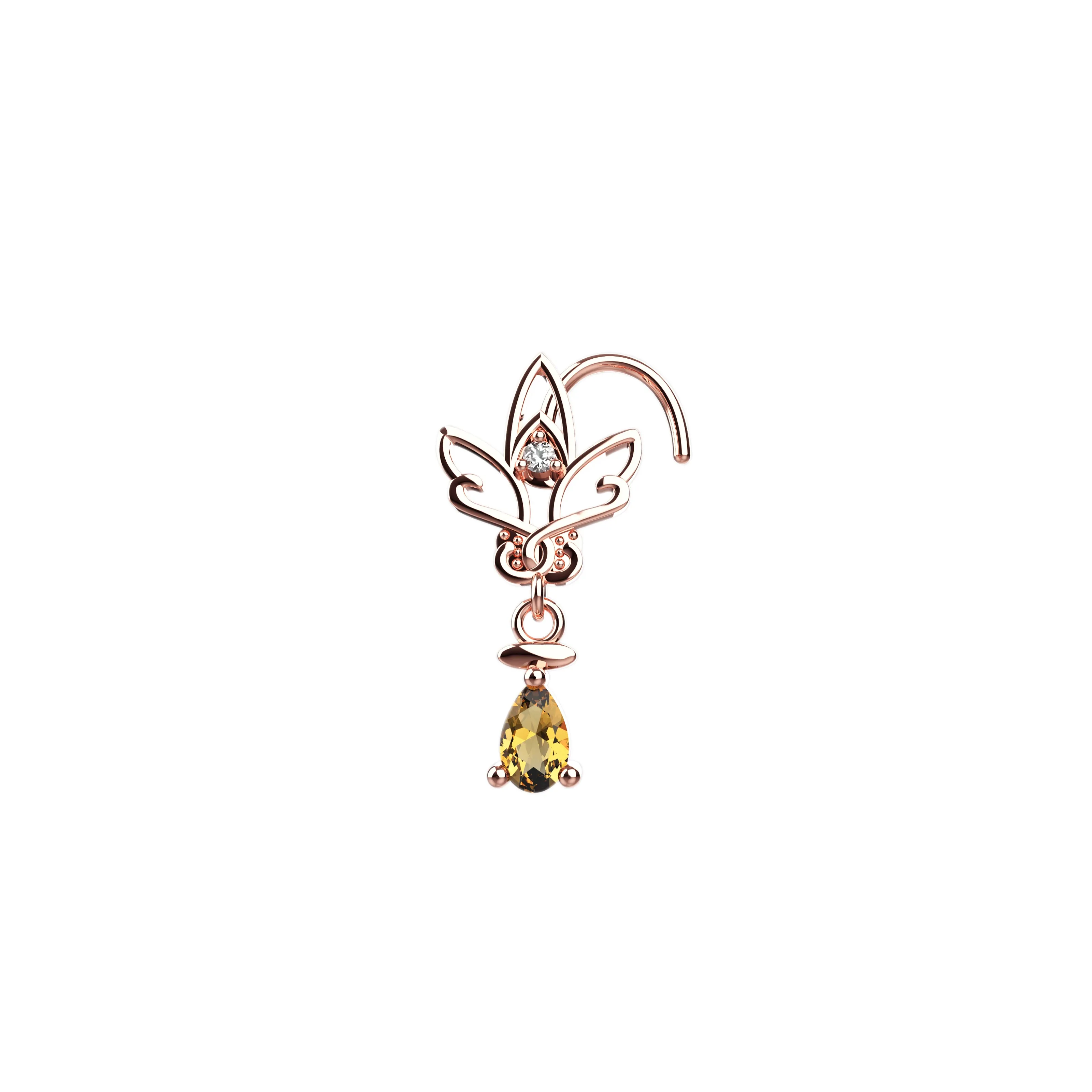 Lotus Flower Dangling Drop Champagne Nose Stud