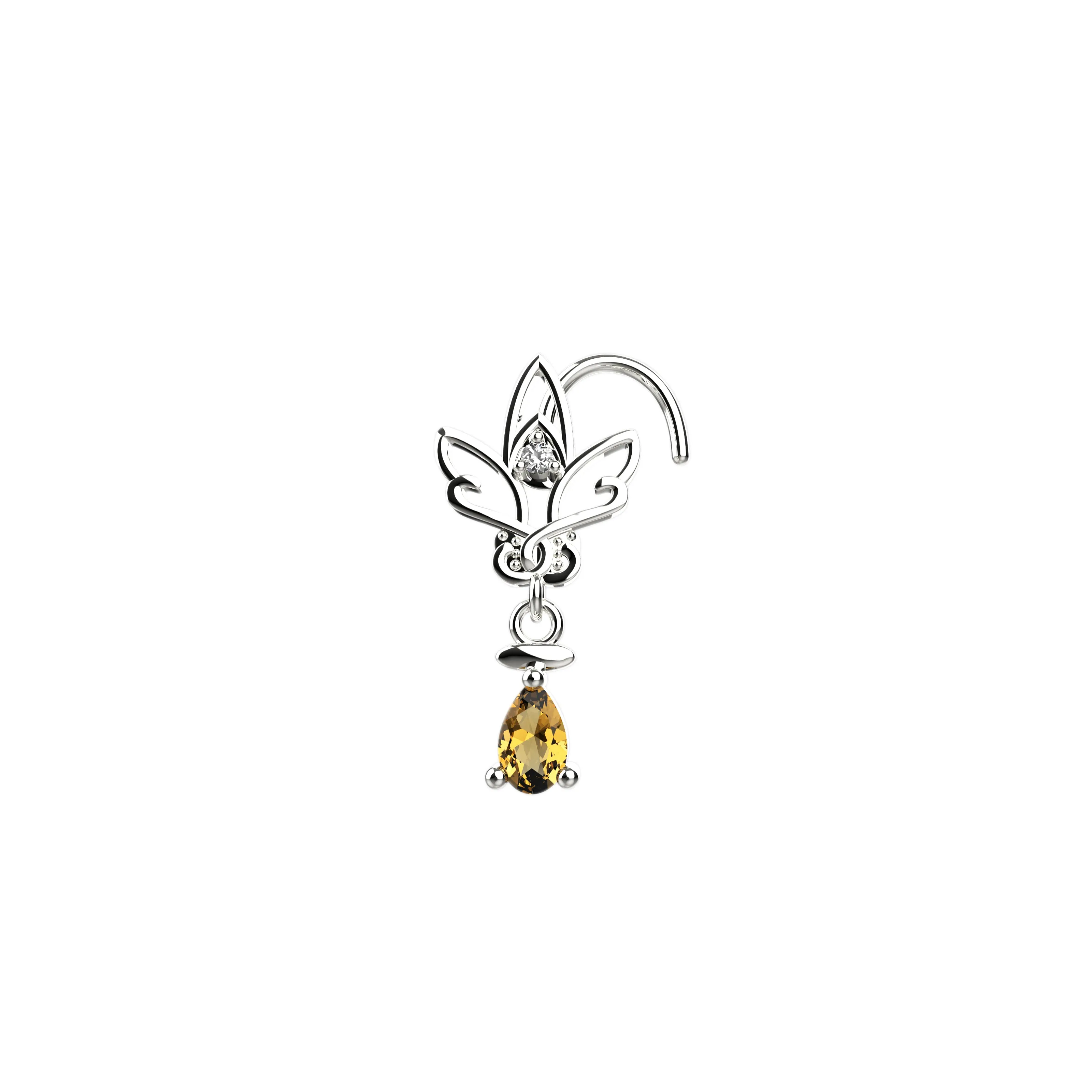 Lotus Flower Dangling Drop Champagne Nose Stud