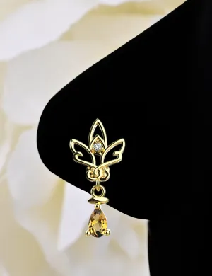 Lotus Flower Dangling Drop Champagne Nose Stud