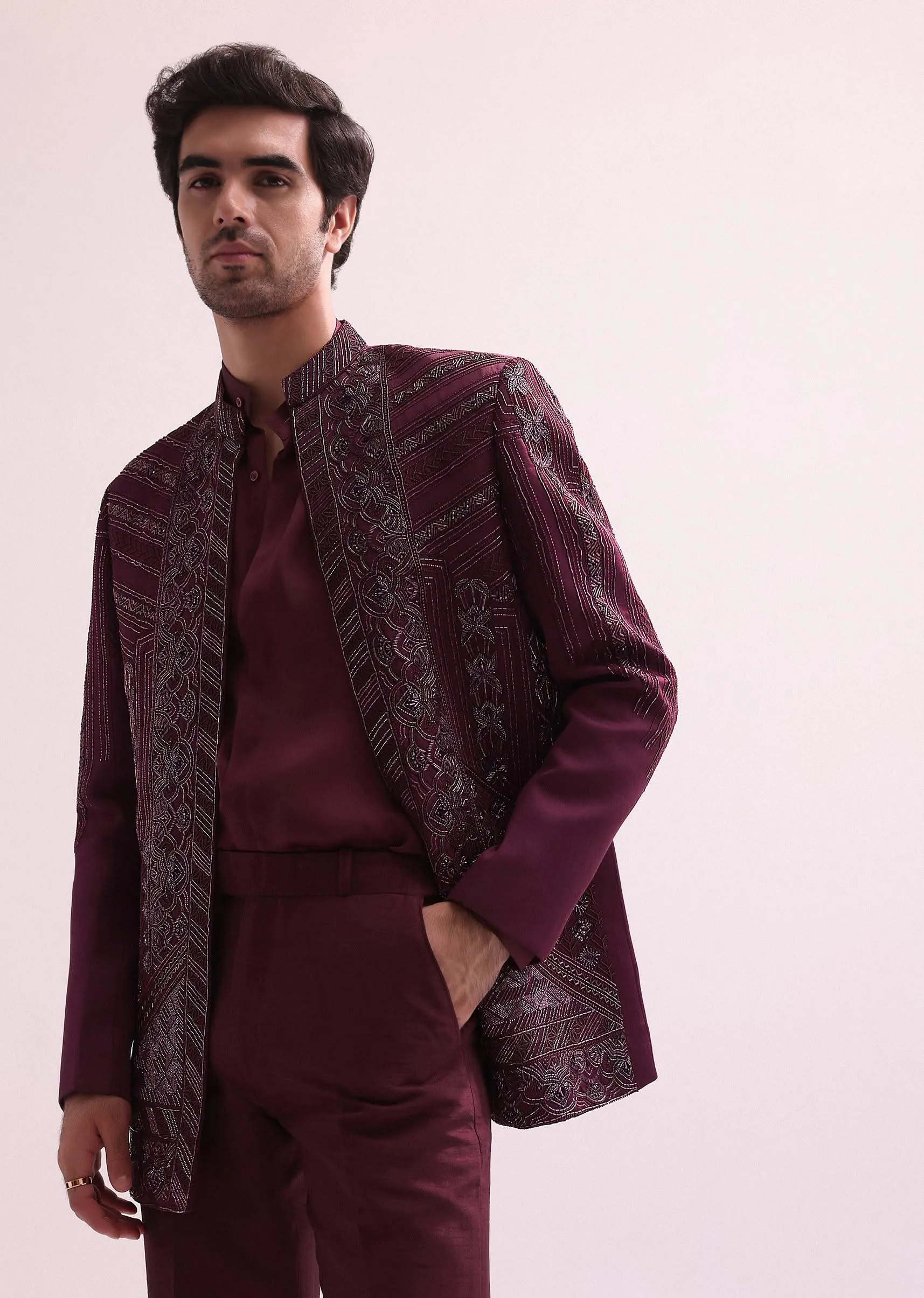 Maroon Linen Satin Hand Embroidered Open Bandhgala With Shirt And Pant