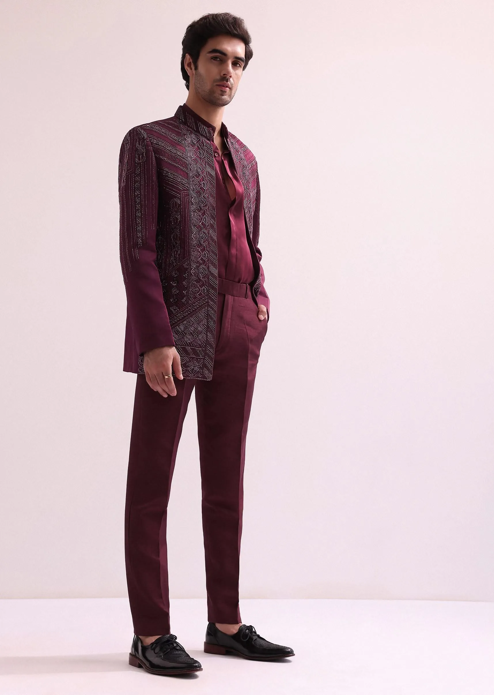 Maroon Linen Satin Hand Embroidered Open Bandhgala With Shirt And Pant