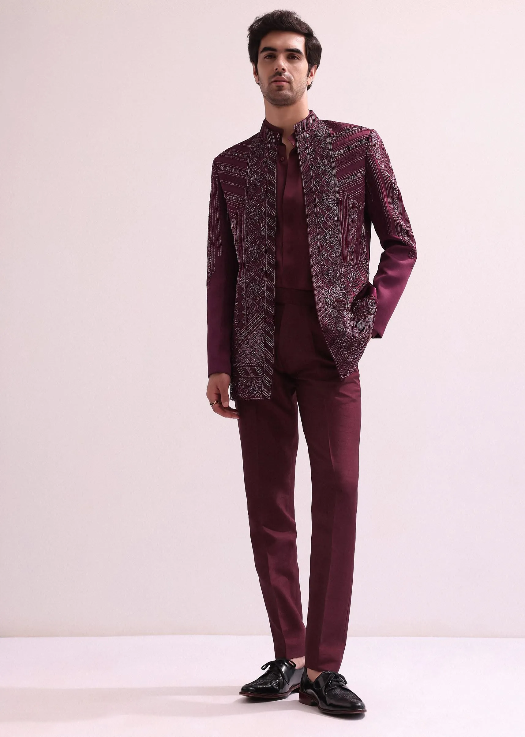 Maroon Linen Satin Hand Embroidered Open Bandhgala With Shirt And Pant
