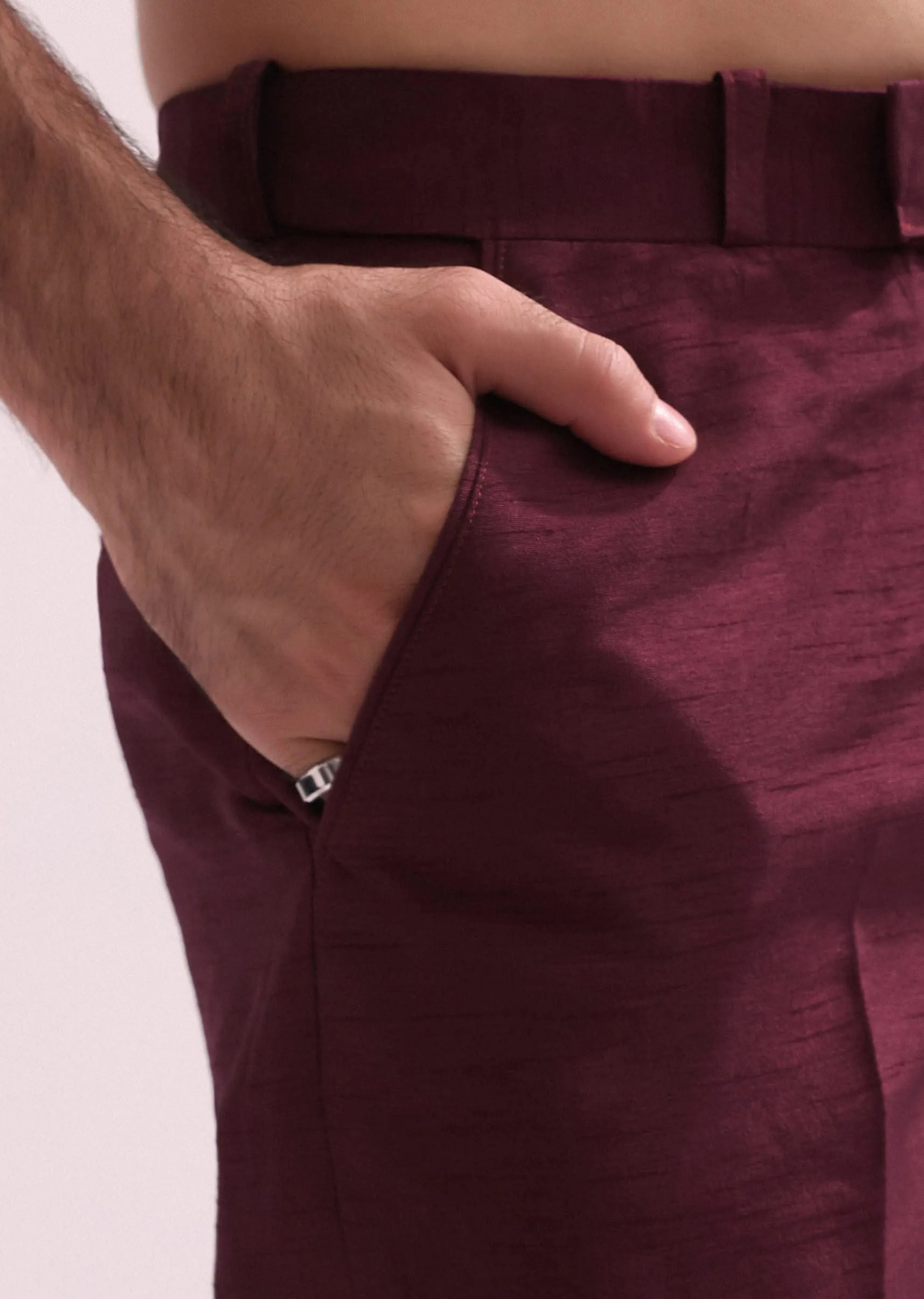Maroon Linen Satin Hand Embroidered Open Bandhgala With Shirt And Pant