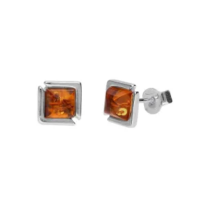 MILENA Stud Earrings Silver and Baltic Amber Elegant Squares