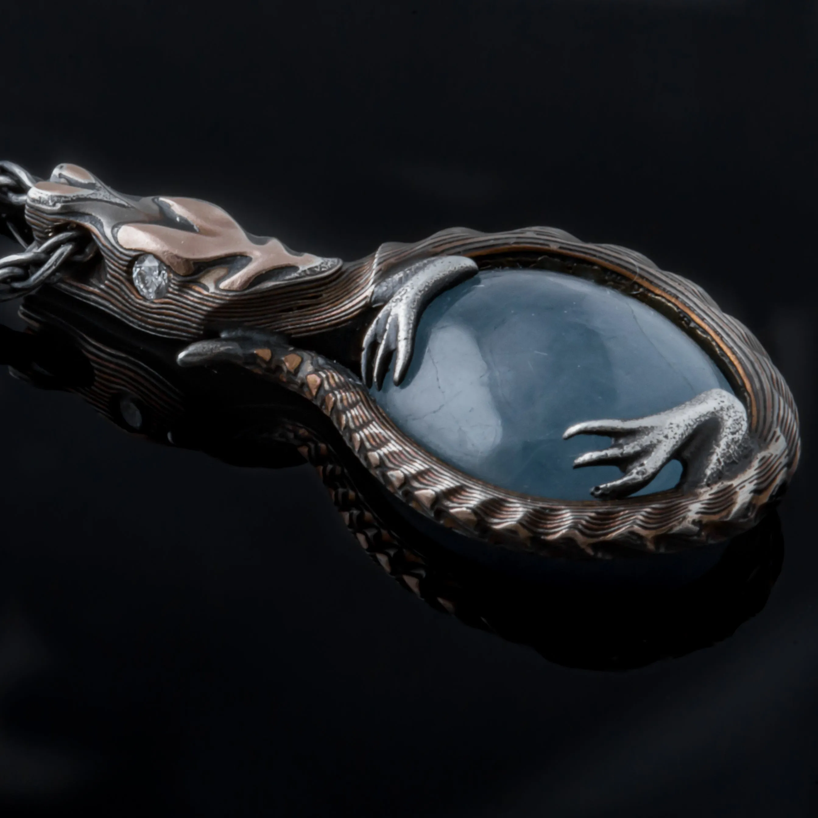 Mokume Gane Water Dragon Pendant made with Aquamarine Cabochon