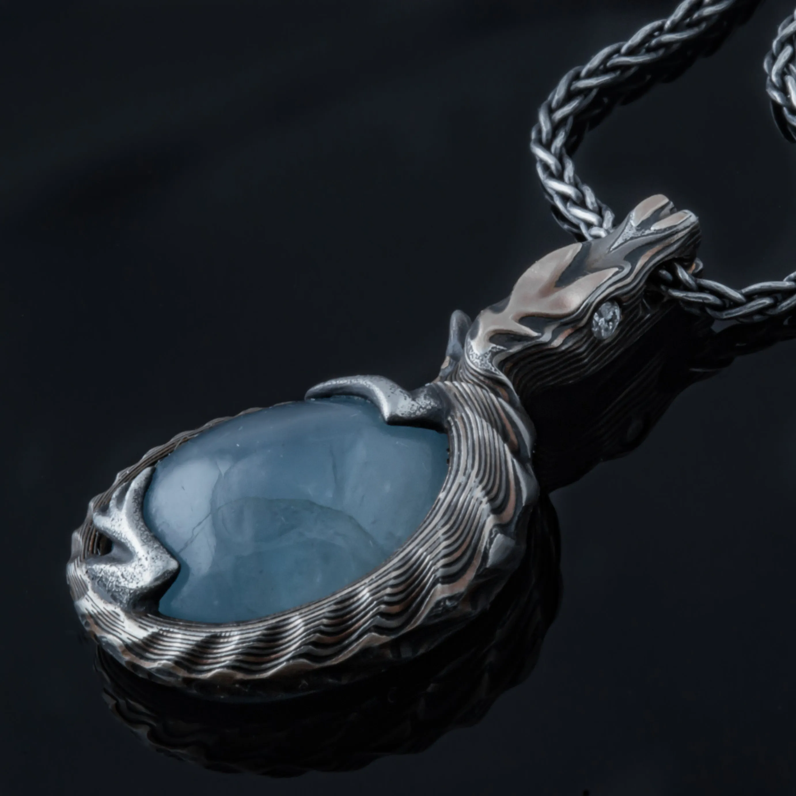 Mokume Gane Water Dragon Pendant made with Aquamarine Cabochon