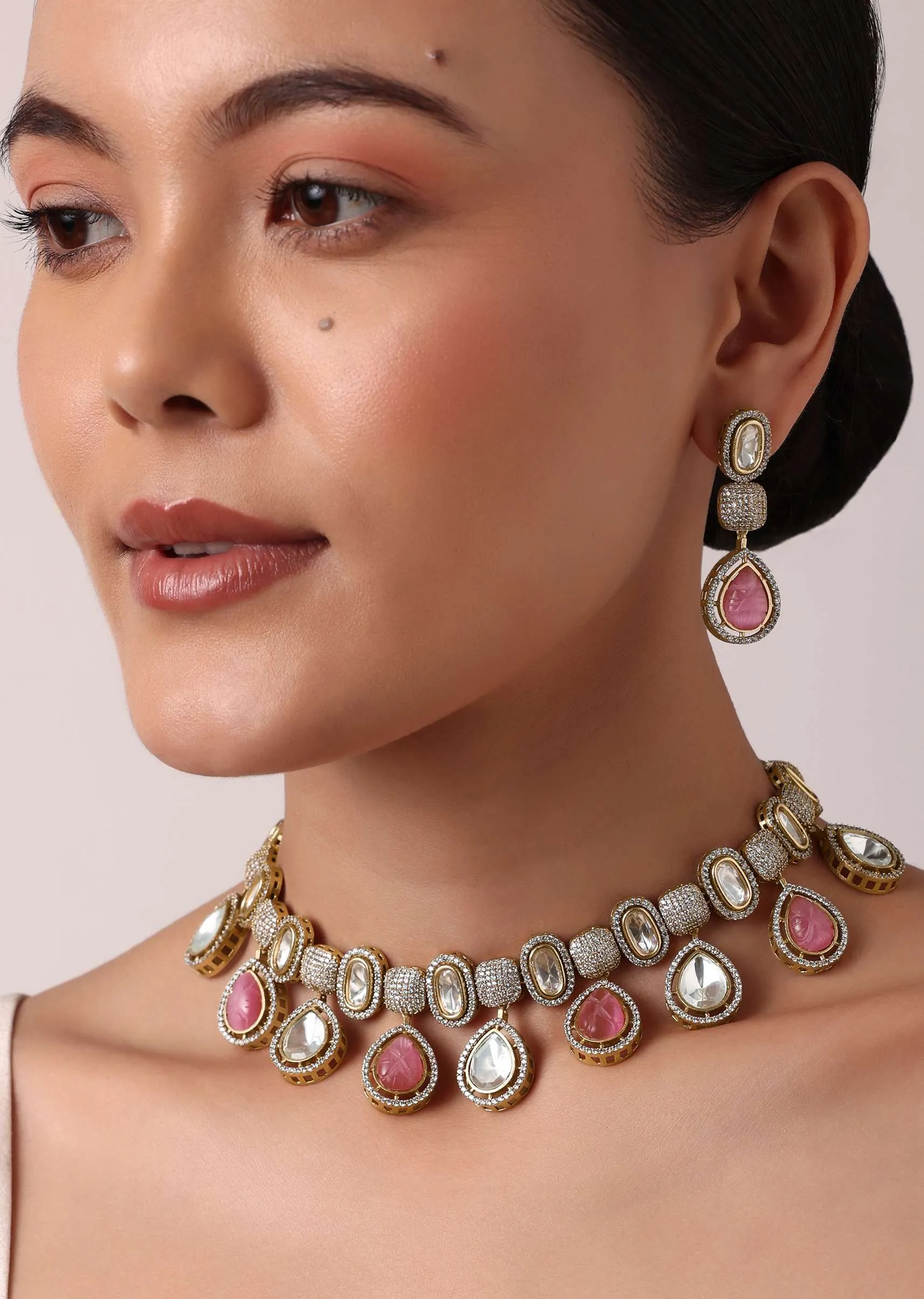Multicolor Polki Choker Set With Kundan