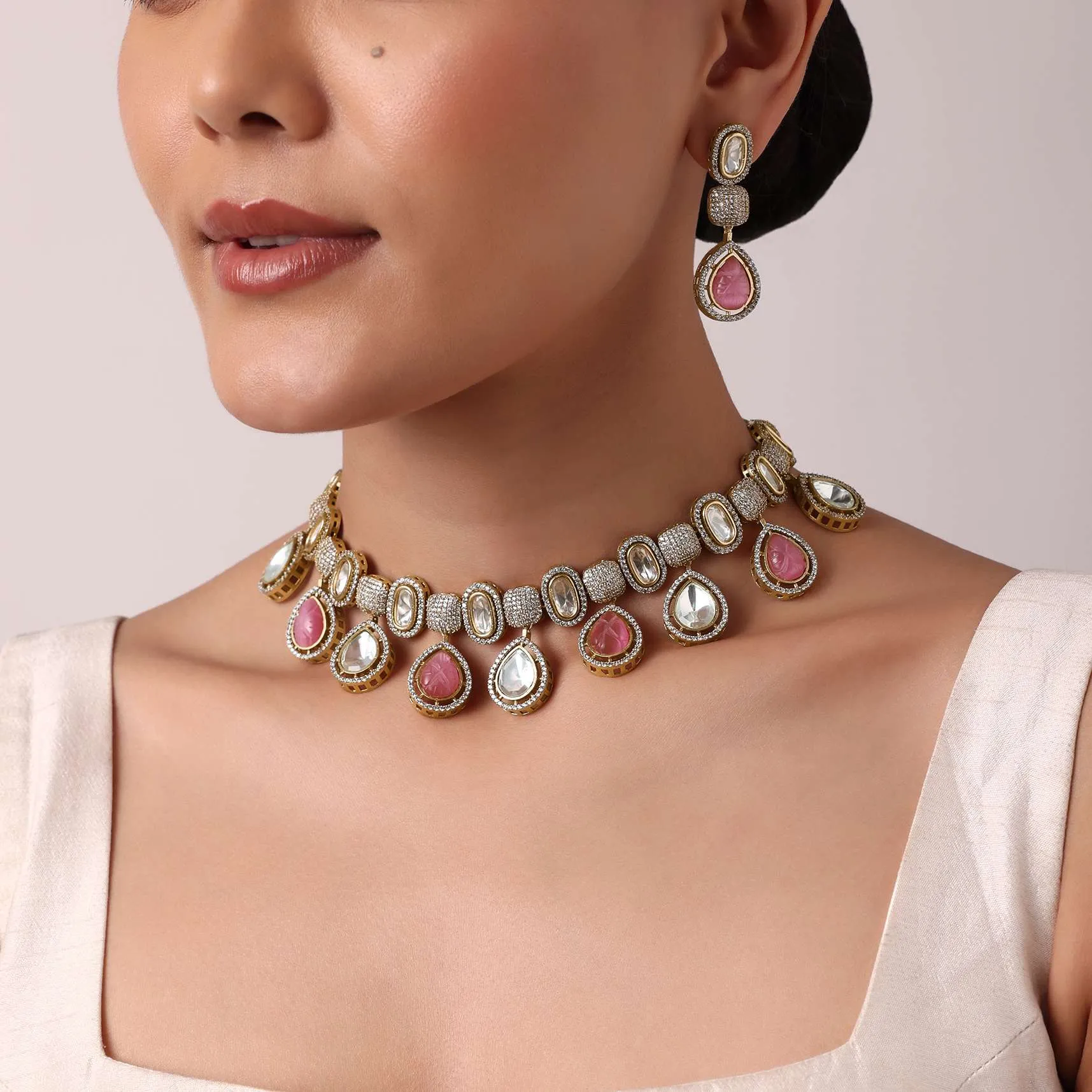 Multicolor Polki Choker Set With Kundan