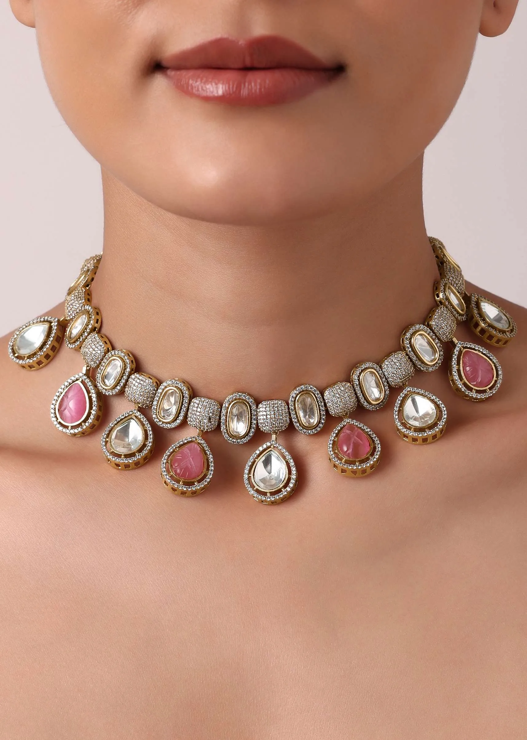Multicolor Polki Choker Set With Kundan