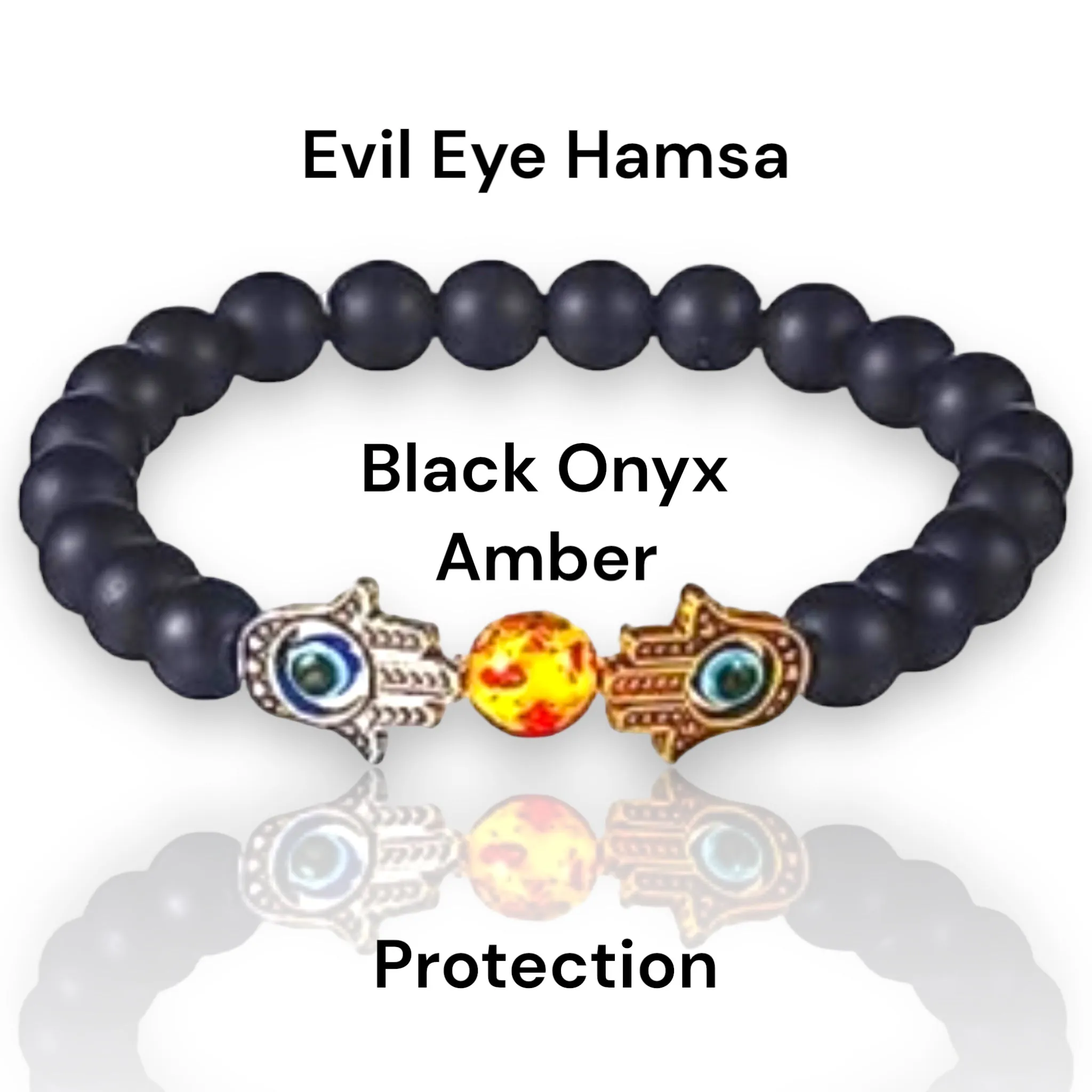 Onyx - Black Onyx•Amber•Evil Eye•Hamsa Hand•Silver and Gold Custom Size Round Smooth Stretch (8mm) Natural Gemstone Crystal Energy Bead Bracelet