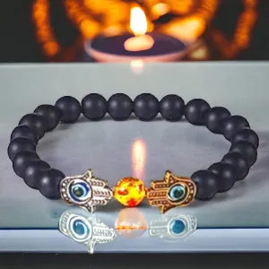 Onyx - Black Onyx•Amber•Evil Eye•Hamsa Hand•Silver and Gold Custom Size Round Smooth Stretch (8mm) Natural Gemstone Crystal Energy Bead Bracelet