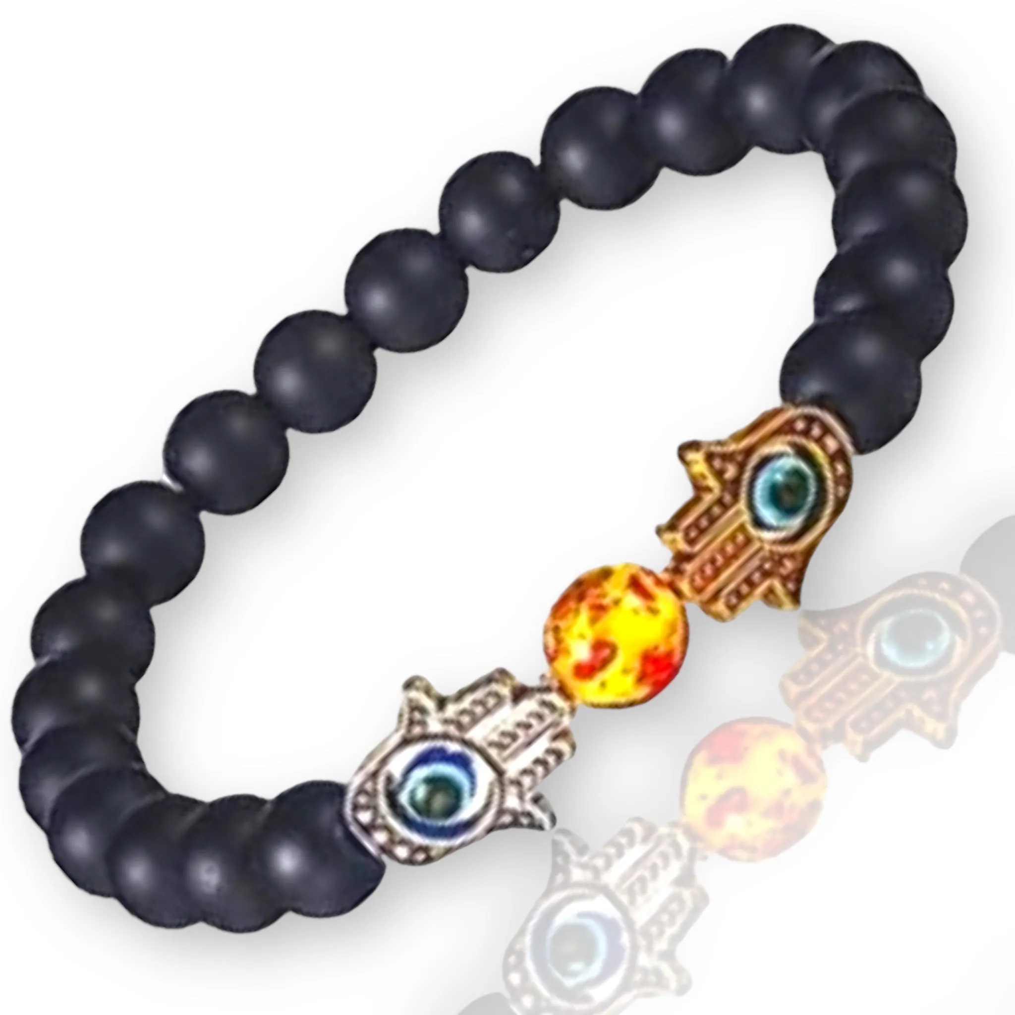 Onyx - Black Onyx•Amber•Evil Eye•Hamsa Hand•Silver and Gold Custom Size Round Smooth Stretch (8mm) Natural Gemstone Crystal Energy Bead Bracelet