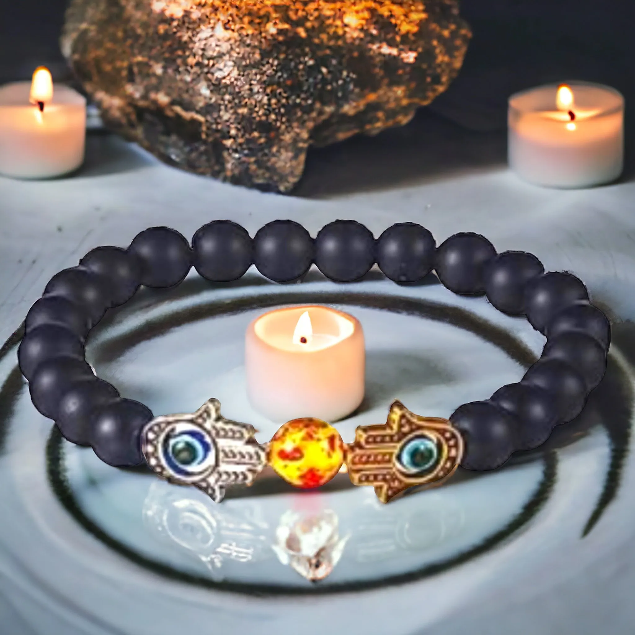 Onyx - Black Onyx•Amber•Evil Eye•Hamsa Hand•Silver and Gold Custom Size Round Smooth Stretch (8mm) Natural Gemstone Crystal Energy Bead Bracelet