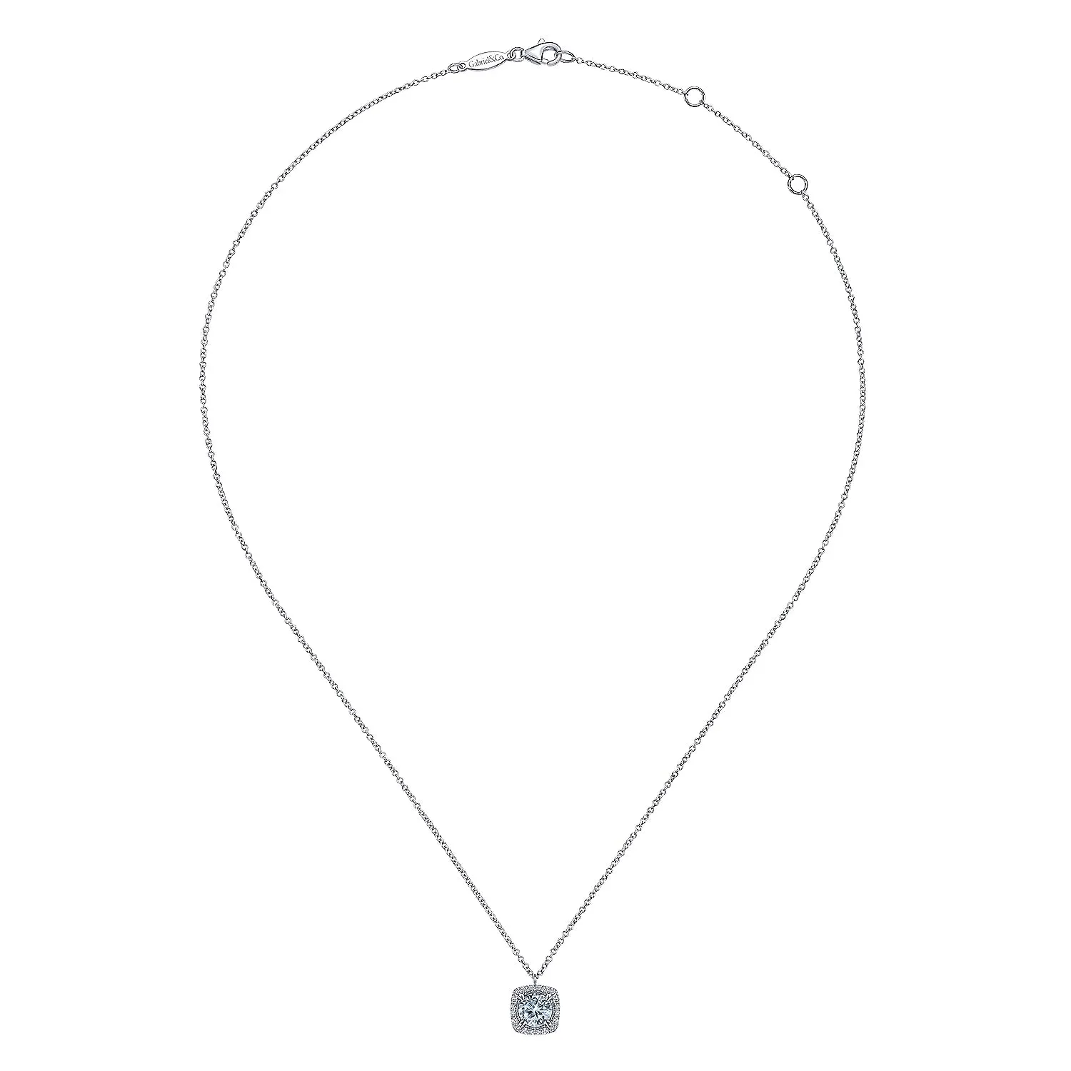 Round Aquamarine and Cushion Diamond Halo Pendant Necklace
