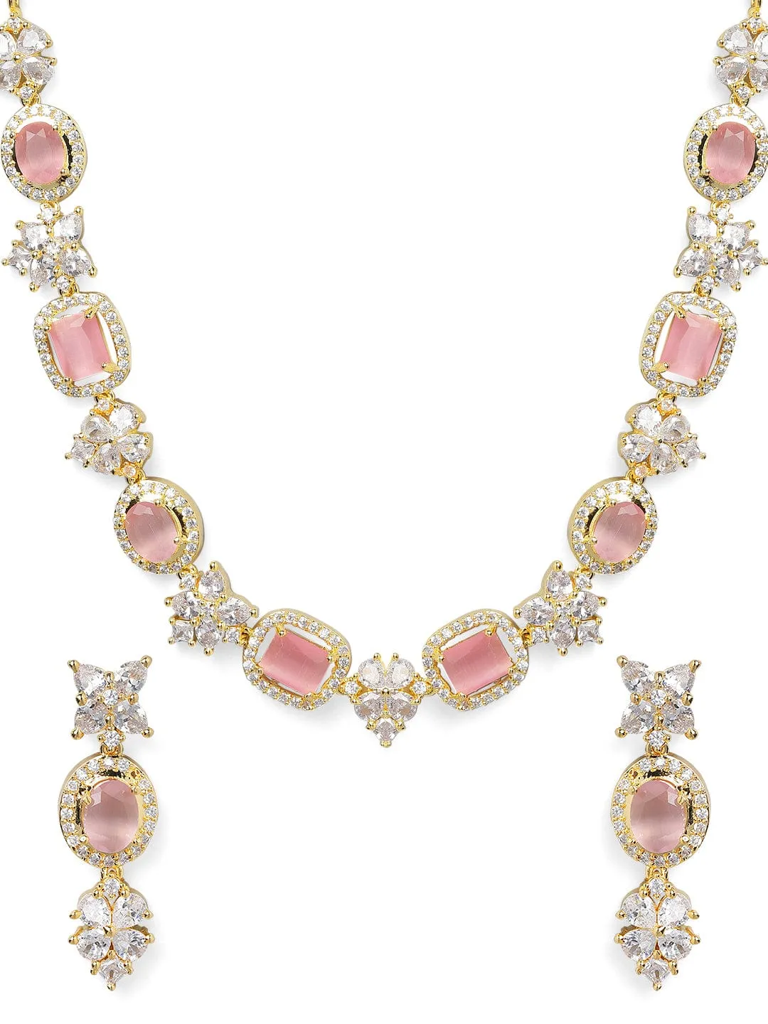 Rubans Gold Plated Contemporary Necklace Set With CZ And Pink Stones