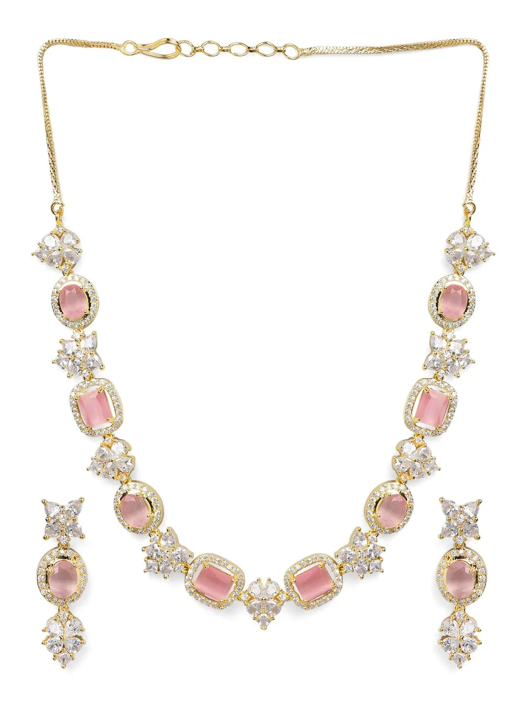 Rubans Gold Plated Contemporary Necklace Set With CZ And Pink Stones