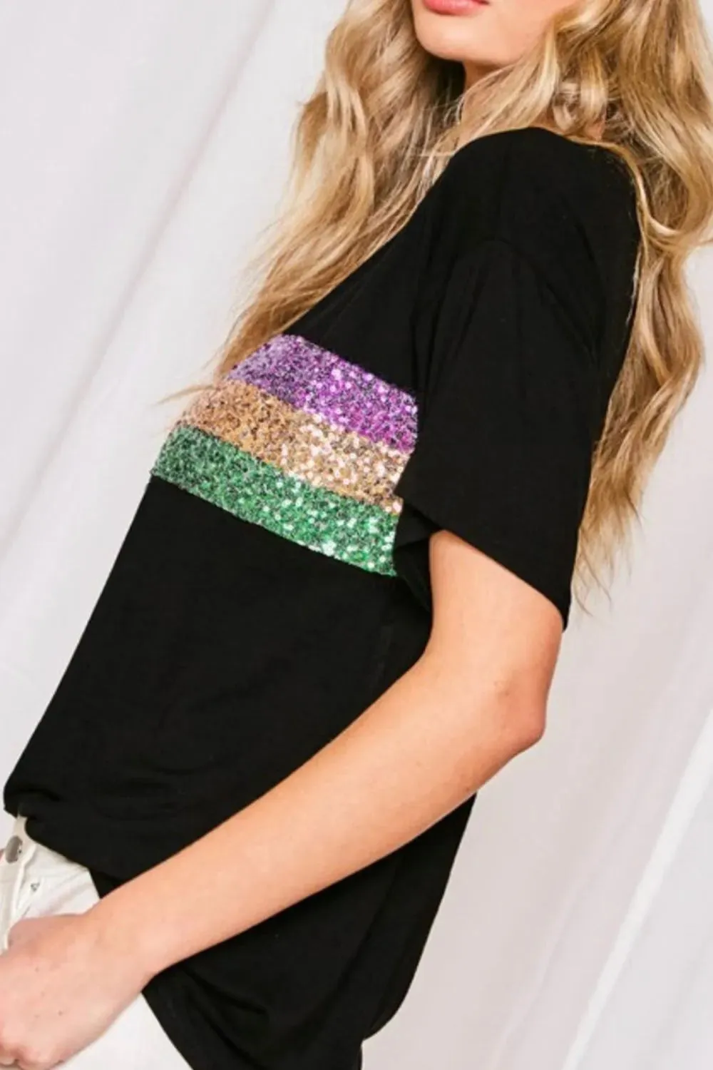 Sequin Stripes Crew Neck T Shirt for Stylish Comfort